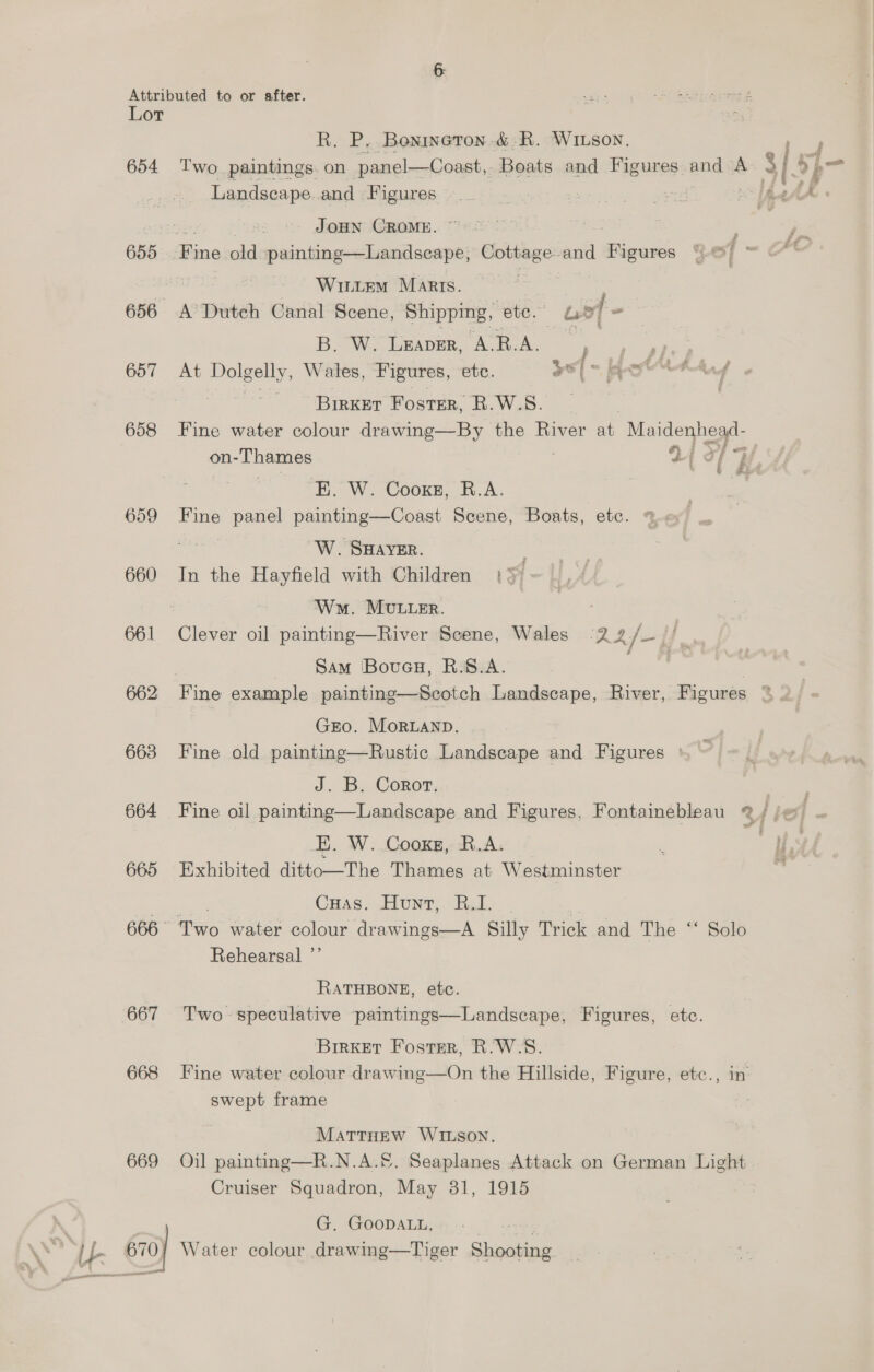 if. 655 656 657 658 660 662 663 664 665 666 667 668 669 670] JOHN CROME. Wittem Marts. A Dutch Canal Scene, tity SH ust “ B. W. Leaver, A.R.A. | At Dolgelly, Wales, Figures, etc. bad i kj tt Lf . 3 --—s Birxer Foster, R.W.S. Fine water colour drawing—By the River at ae on- Thames od f of W. SHAYER. In the Hayfield with Children {|} Wm. MULLER. Clever oil painting—River Scene, Wales 22/ Sam Boucu, R.S.A. GEO. MORLAND. Fine old painting—Rustic Landscape and Figures | J. B. Coror, E. W..Cooxe, R.A. Exhibited ditto—The Thames at Westminster Cuas. Hunt, RL. Rehearsal ”’ RATHBONE, etc. Two speculative paintings—Landscape, Figures, etc. BrrKet Foster, R.W.S. Fine water colour drawing—On the Hillside, Figure, etc., in swept frame a MaTTHEw WILSON. Oil painting—R.N.A.©. Seaplanes Attack on German Light Cruiser Squadron, May 31, 1915 Water colour drawing—Tiger Shooting