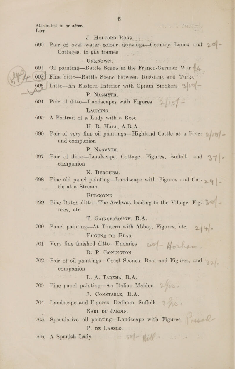 690 69 | oY od 694 697 698 699 703 704 705 706 J. Honrorp Ress. ::- Cottages, in oilt frames &gt; UNKNOWN. Oil ocitiiee Bae Scene in the oe German War iP NasMyTH. Pair of ditto—Landscapes with Figures LAURENS. H, BR. Hawn, A. R-A. and companion P. NASMYTH. Pair of ditto—Landscape, Cottage, Figures, Suffolk, and companion N. BERGHEM. tle at a Stream BURGOYNE. 3 Fine Dutch ditto—The Archway leading to the Village, Fig- ures, ete. T. GaInsBorouGH, R.A. | KUGENE DE BLAs. Very fine finished ditto—Enemies «,6/ if oe ay R. P. Bonineron. Pair of oil paintings—Coast Scenes, Boat and Figures, and companion L. A. Tapema, R.A. Fine panel painting—An Italian Maiden J. CoNSTABLE, R.A. Landscape and Figures, Dedham, Suffolk KARL DU JARDIN. Speculative oil painting—Landscape with Figures P. pe LASszLo. my