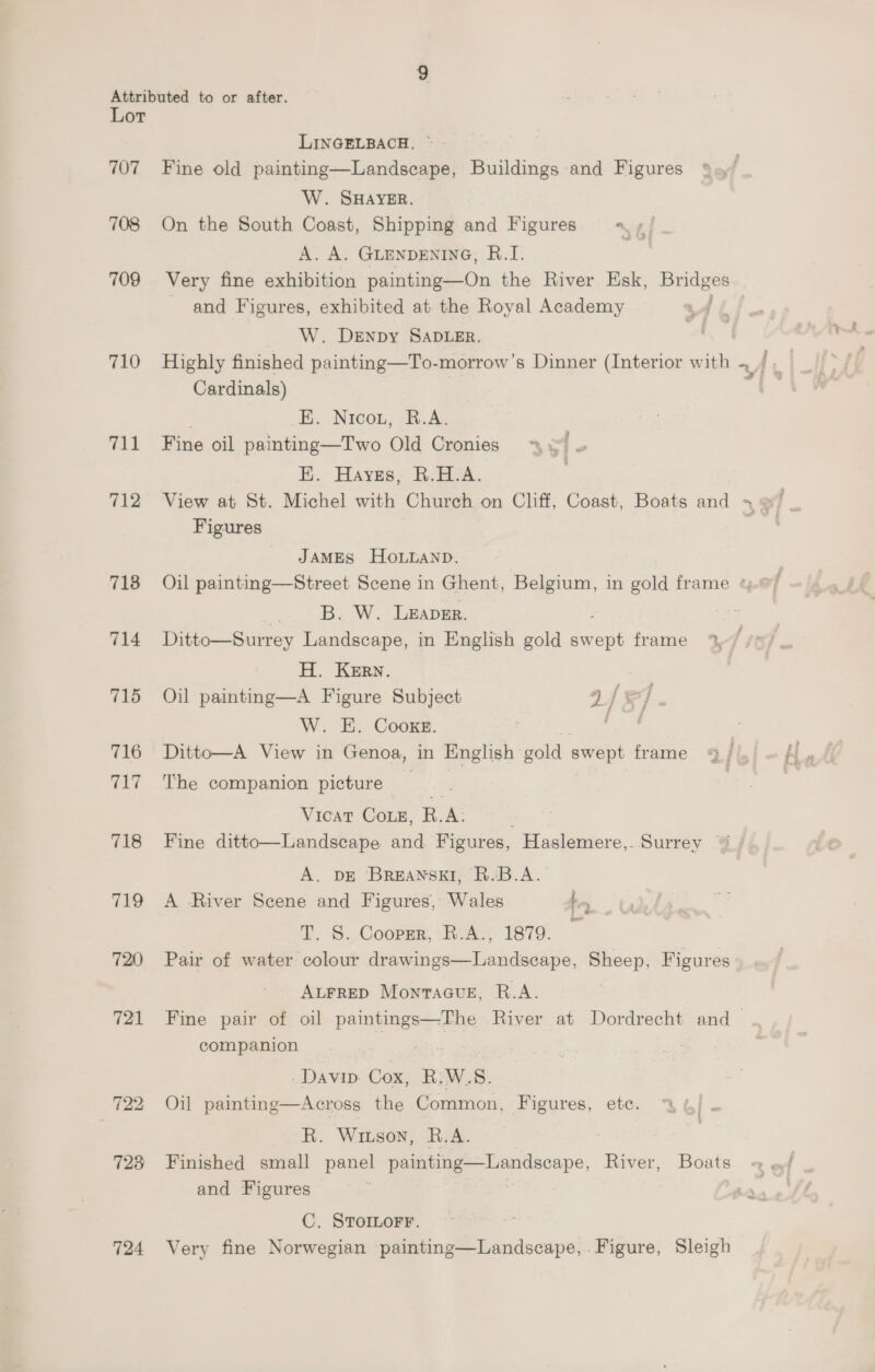 Lot LINGELBACH., 707 Fine old painting—Landsecape, Buildings and Figures W. SHAYER. 708 On the South Coast, Shipping and Figures 4! A. A. GLENDENING, B.I. 709 Very fine exhibition painting—On the River Esk, ss and Figures, exhibited at the Royal Academy | W. DENDY SADLER. a 710 Highly finished painting—To-morrow’s Dinner (Interior with =|. Cardinals) | pe E. Nicou, R.A. 711 Fine oil painting—Two Old Cronies E. Hayes, R.H.A. 712 View at St. Michel with Church on Cliff, Coast, Boats and 4 9! _ Figures ee JAMES HoLLAND. 718 Oil painting—Street Scene in Ghent, Belgium, in gold frame * 4 _. B. W. Leaver. | | 714 Ditto—Surrey Landscape, in English gold sw - frame % e7 - | H. Kern. | 715 Oil painting—A Figure Subject af o] . W. E. Cooxz. | ee 716 Ditto—A View in Genoa, in English gold swept frame 717 ‘The companion picture ‘ Vicat Coz, R.A; 718 Fine ditto—Landscape and Figures, Haslemere,. Surrey “ A. DE BrEANSKI, R.B.A. 719 A River Scene and Figures, Wales t T. S. Cooper, R.A., 1879. i | 720 Pair of water colour drawings—Landscape, Sheep, Figures AuFrep Montacue, R.A. 721 Fine pair of oil yee River at Dordrecht and~ companion _ Davin. Cox, R.W.S. 722 Oil painting—Across the Common, Figures, etc. R. Wiuson, R.A. | 728 Finished small panel painting—Landscape, River, Boats and Figures : C. SToILorFr. = 724 Very fine Norwegian painting—Landscape,. Figure, Sleigh