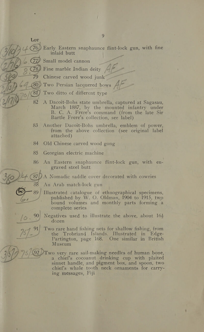 Lor ye up gas) Early Eastern snaphaunce flint-lock gun, with fine inlaid butt o MG: Small model cannon |e CR) Fine marble Indian deity   a Pa A p77 ft ere eee 79 Chinese carved wood juni ie aE, Two Persian lacquered bows AE fo /CY Two ditto of different type iy 82 &lt;A Dacoit-Bohs state umbrella, captured at Sagasau, | March 1887, by the mounted infantry under B. C. A. Frere’s command (from the late Sir Bartle Frere’s collection, see label) 83 Another Dacoit-Bohs umbrella, emblem of power, from the above collection (see original label attached) 84 Old Chinese carved wood gong 85 Georgian electric machine 86 An Eastern snaphaunce flint-lock gun, with en- eraved steel butt jet Gps Nomadic saddle cover decorated with cowries | 8 An Arab match-lock gun ite a, | Illustrated catalogue of ethnographical specimens, uA published by W. O. Oldman, 1904 to 1915, two ——— bound volumes and monthly parts forming a complete series /o 90) Negatives used to illustrate the above, about 164 (Csaba OY dozen We Sn Two rare hand fishing nets for shallow fishing, from /», ae the Trobriand Islands. Illustrated in Edge- ene Nhe Partington, page 168. One similar in British Museum ) s/h 4) DS /592 Two very rare sail-making needles of human bone, —_—__— a chief’s cocoanut drinking cup with plaited sinnet handle, and pigment box, and spoon, two chief’s whale tooth neck ornaments for carry- ing messages, Fiji