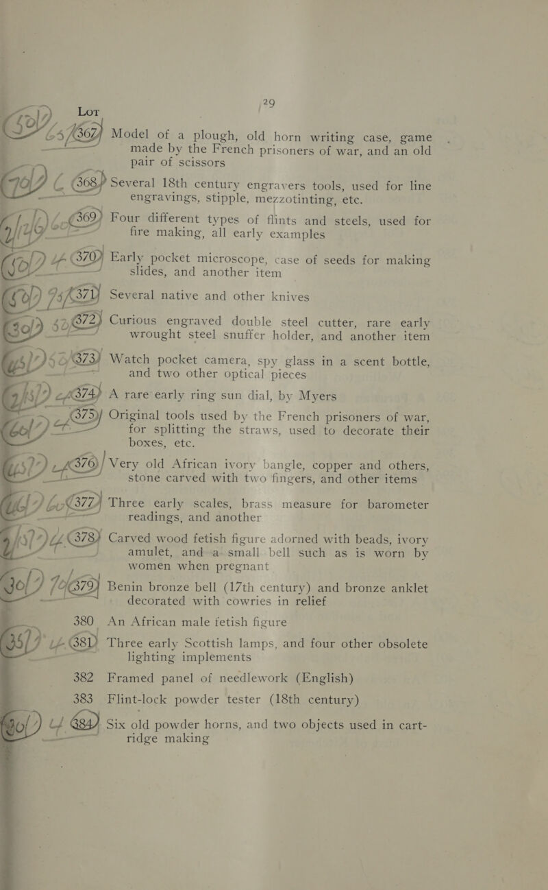 70 (40 Cie 367 GeF} Move aie el ee old horn writing case, game made by the French prisoners of war, and an old pair of scissors   4 Ci 36% Several 18th century engravers tools, used for line — engravings, stipple, mezzotinting, ete. 6. C2) Four different types of flints and steels, used for fire making, all early examples fea GR Early pocket microscope, case of seeds for making (o slides, and another item     Re) 76 371) Several native and other knives 0 $2 ys 372) Curious engraved double steel cutter, rare early wrought steel snuffer holder, and another item 0/373) Watch pocket camera, spy glass in a scent bottle, and two other optical pieces i Dac A rare early ring sun dial, by Myers as » 24 BY Original tools used by the French prisoners of war, f fe for splitting the straws, used to decorate their boxes, etc. 4S) Very old African ivory bangle, copper and others, ; stone carved with two fingers, and other items page Three early scales, brass measure for barometer ee — readings, and another (ep Carved wood fetish figure adorned with beads, ivory J amulet, and a small bell such as is worn by women when pregnant a om Benin bronze bell (17th century) and bronze anklet decorated with cowries in relief oy An African male fetish figure WD &amp; 38D) Three early Scottish lamps, and four other obsolete lighting implements 382 Framed panel of needlework (English) 383 Flint- lock powder tester (18th century) Yew Six old powder horns, and two objects used in cart- —— ridge eee 
