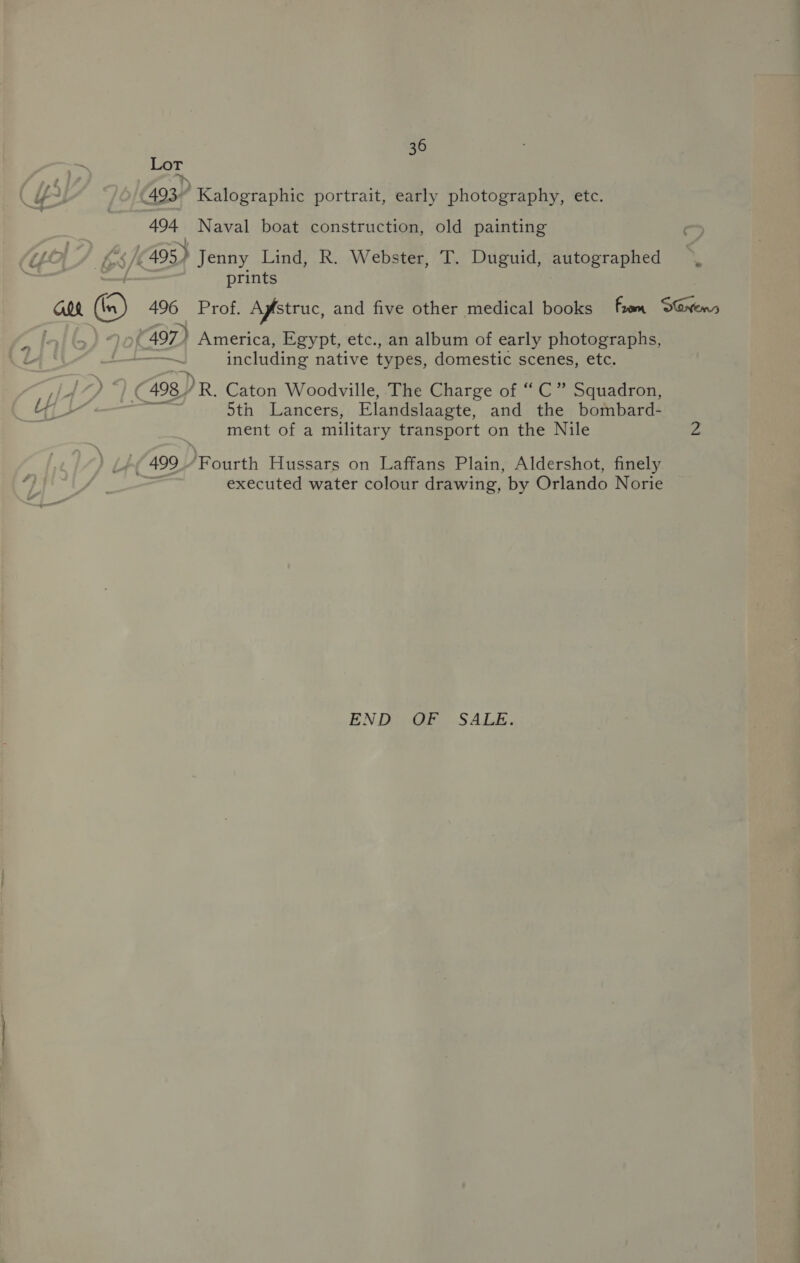 Lor a. 494 Naval boat construction, old painting ¢ prints 496 Prof. Afstruc, and five other medical books frm SGwens —~ including native types, domestic scenes, etc. 5th Lancers, Elandslaagte, and the bombard- ment of a military transport on the Nile 2 executed water colour drawing, by Orlando Norie END: QF SALE.