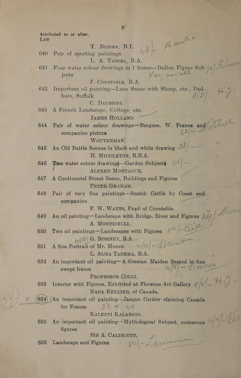 Lot 640 641 642 643 644 645 646 647 648 649 650 651 652 653 654 655 7 nee 1. (BGINES? was 2s 9 {> Pair of sporting paintings sh L. A. Tapdema, R.A. Four water colour drawings - in 1 frame—Italian ay Sub « jects / a ce J. CONSTABLE, R.A. Important oil painting—Lane Scene with Sheep, etce., Ded- ham, Suffolk g/ 3] C. DauBIeny. A French Landscape, Cottage, ete. JAMES HOLLAND.  = 4 a oo ¥ ° companion picture &amp; WOUVERMAN. : An Old Battle Scence in black and white drawing 36 H. MIDDLETON, R.B.A. Ewe water colour drawings—Garden Subject ‘ ALFRED MONTAGUE. A Continental Street Scene, Buildings and Figures PETER GRAHAM. Pair of very fine paintings—Scotch Cattle by eo: one companion F. W. WATTS, Pupil of Constable. A. MONTICELLI. Two oil paintings— Landscapes with Figures Aft; G. ROMNEY, B.A, A fine Bonita of Mr. Munro L. ALMA TADEMA, R.A. { . : rs ~C lr swept frame PROFESSOR COLLI. Ne Interior with Figures, Exhibited at Florence Art Gallery s/s NADA KELLIER, of Canada. for France KALEPPI K eee An important oil painting—Mythological Subject, numerous figures Sir A. CALDICOTT. Dae