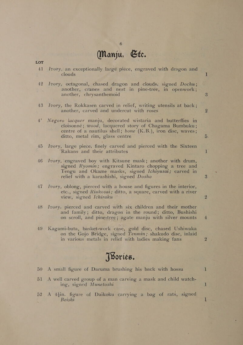 4] 42 43 46 47 48 49 Manju, Efe. Ivory, an exceptionally large piece, engraved with dragon and clouds Ivory, octagonal, chased dragon and clouds, signed Dochu; another, cranes and nest in pre-tree, in openwork; another, chrysanthemoid Ivory, the Rokkasen carved in relief, writing utensils at back ; another, carved and undercut with roses — Negoro lacquer manju, decorated wistaria and butterflies in cloisonné; wood, lacquered story of Chagama Bumbuku ; centre of a nautilus shell; bone (K.B.), iron disc, waves; ditto, metal rim, glass centre Ivory, large piece, finely carved and pierced with the Sixteen “Rakans and their attributes Ivory, engraved boy with Kitsune mask; another with drum, signed Ryomin; engraved Kintaro chopping a tree and Tengu and Okame masks, signed Ichiyusai; carved in - relief with a karashishi, signed Dosho Ivory, oblong, pierced with a house and figures in the interior, etc., signed Riuwkosai; ditto, a square, carved with a river view, signed I[chiraku Ivory, pierced and carved with six children and their mother and family; ditto, dragon in the round; ditto, Bushishi on scroll, and pine-tree; agate manju with silver mounts Kagami-buta, basket-work case, gold disc, chased Ushiwaka on the Gojo Bridge, signed Tenmin;.shakudo disc, inlaid in various metals in relief with ladies making fans J¥ories. A small figure of Daruma brushing his back with hossu A well carved group of a man carving a mask and child watch- ing, signed Munetoshi A 44in. figure of Daikoku carrying a bag of rats, signed Beishi