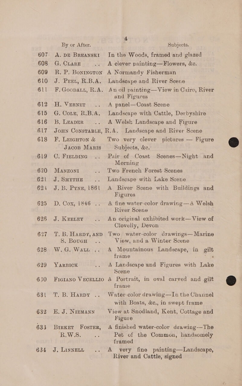 608 609 610 611 612 615 616 617 618 627 628 629 630 631 632 633 634 By or After, G. CLARE R. P. Bonineton J. PEEL, R.B.A. F. Goopatu, R.A. H. Verner G. Cotz, R.B.A. B, LEADER 4 Subjects. A clever painting— Flowers, &amp;c. A Normandy Fisherman Landscape and River Scene An oil painting— View in Cairo, River and Figures A panel—Coast Scene Landscape with Cattle, Derbyshire A Welsk Landscape and Figure F, Lerecutron &amp; ~ Jacop Maris C, FIELDING MANZONI J. SMYTHE J.B. Pynz, 1861 J. KEELEY T. B. Harpy, anD S. Boucu W.G. Wat Y ARBICK FIGIANO V ECELLIO aS TARDY Os K. J. NIEMANN BrirKET Foster, R.W5S. J. LiNNELL Two very clever pictures — Figure Subjects, &amp;c.: Pair of Coast Scenes—Night and Morning Two French Forest Scenes Landscape with Lake Scene A River Scene with Buildings and Figures River Scene An original exhibited work— View of Clovelly, Devon Two water-color drawings— Marine View, and a Winter Scene A Mountainous Landscape, in gilt frame ; ‘ A Landscape and Figures with Lake Scene 4&amp; Portrait, in oval carved and gilt frame W ater-color drawing—In the Channel with Boats, &amp;c., in swept frame View at Snodland, Kent, Cottage and Figure A finished water-color drawing-—The Pet of the Common, handsomely framed A very fine painting—Landscape, River and Cattle, signed 