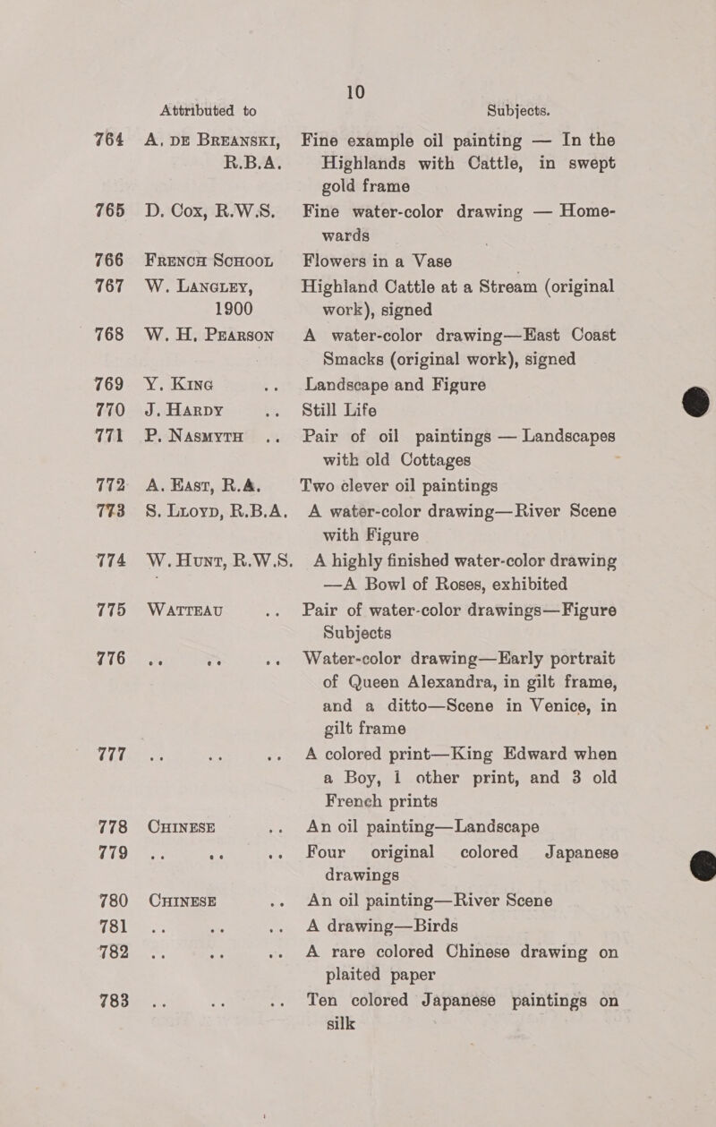764 765 766 767 768 769 770 771 172 773 774 775 776 W717 778 779 780 781 782 783 Attributed to A, DE BREANSKI, R.B.A. D. Cox, R.W3S. Frenca ScHoon W. Lanetey, 1900 W. 4H. PEARSON Y,. Kine J. HARDY P, NAasmytTH A. Hast, R.A. S. Luoyp, R.B.A. W. Hunt, R.W.S. WATTEAU CHINESE CHINESE 10 Subjects. Fine example oil painting — In the Highlands with Cattle, in swept gold frame Fine water-color drawing — Home- wards Flowers in a Vase Highland Cattle at a Stream (original work), signed A water-color drawing—EHast Coast Smacks (original work), signed Landscape and Figure Still Life Pair of oil paintings — Landscapes with old Cottages Two clever oil paintings A water-color drawing—River Scene with Figure A highly finished water-color drawing —A Bowl of Roses, exhibited Pair of water-color drawings— Figure Subjects Water-color drawing—Early portrait of Queen Alexandra, in gilt frame, and a ditto—Scene in Venice, in gilt frame A colored print—King Edward when a Boy, 1 other print, and 3 old Freneh prints An oil painting— Landscape Four original colored Japanese drawings An oil painting—River Scene A drawing—Birds A rare colored Chinese drawing on plaited paper Ten colored Japanese paintings on silk  