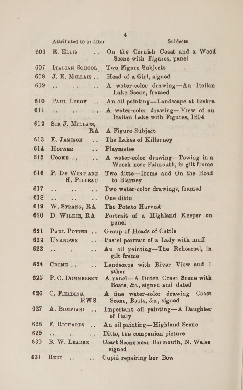 606 607 608 609 610 611 612 613 614 615 616 617 618 619 620 621 622 623 624 625 626 627 628 629 630 631 E, Enis ITALIAN SCHOOL J. EK. Mitzais,. Paut LeRoy Sir J. Minuats, RA K, JAMISON HopngEr 4 Cooke .. P. De WINT AND AA. PILtEau W. Srrana, RA D. Wikis, RA Pau. Porter .. UNKNOWN OROME . P, C. DomMERSEN C, Fiexpiye, WS A. BoMPIANI F, RicHARDSs 2 B. W. Leaver RENI Subjects Scene with Figures, panel Twe Figure Subjects Head of a Girl, signed A water-color drawing—An Italian Lake Scene, framed An oil painting—Landscape at Biskra A water-color drawing— View of an Italian Lake with Figures, 1804 A. Figure Subject The Lakes of Killarney Playmates A water-color drawing—Towing in a Wreek near Falmouth, in gilt frame Two ditto—Iroma and On the Road to Blarney Two water-color drawings, framed One ditto The Potato Harvest Portrait of a Highland Keeper on . panel Group of Heads of Cattle Pastel portrait of a Lady with muff An oil painting—The Rehearsal, in gilt frame Landscape with River View and 1 other A panel—A Dutch Coast Scene with Boats, &amp;c., signed and dated A fine water-eolor drawing—Coast Scene, Boats, &amp;c., signed Important oil painting—A Daughter of Italy An oil painting—Highland Scene Ditto, the companion picture Coast Scene near Barmouth, N. Wales signed by Cupid repairing her Bow