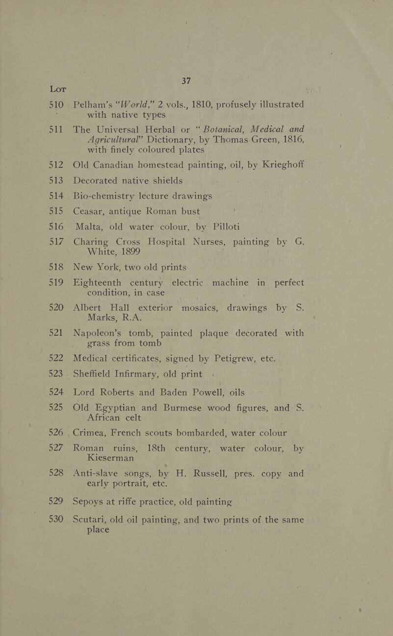 510 511 md We als 514 515 516 517 518 oto 520 44 522 523 524 525 526 7, 528 529 530 37 Pelham’s “World,” 2 vols., 1810, profusely illustrated with native types The Universal Herbal or “ Botanical, Medical and Agricultural” Dictionary, by Thomas Green, 1816, with finely coloured plates Old Canadian homestead painting, oil, by Krieghoft Decorated native shields Bio-chemistry lecture drawings Ceasar, antique Roman bust Malta, old water colour, by Pilloti Charing Cross Hospital Nurses, painting by G, White, 1899 New York, two old prints Eighteenth century electric machine in_ perfect condition, in case Albert Hall exterior mosaics, drawings by S. Marks, R.A. Napoleon’s tomb, painted plaque decorated with erass from tomb Medical certificates, signed by Petigrew, etc. Sheffield Infirmary, old print Lord Roberts and Baden Powell, oils Old Egyptian and Burmese wood figures, and S. African celt Crimea, French scouts bombarded, water colour Roman ruins, 18th century, water colour, by | Kieserman Anti-slave songs,. by H. Russell, pres. copy and early portrait, etc. Sepoys at riffe practice, old painting Scutari, old oil painting, and two prints of the same place
