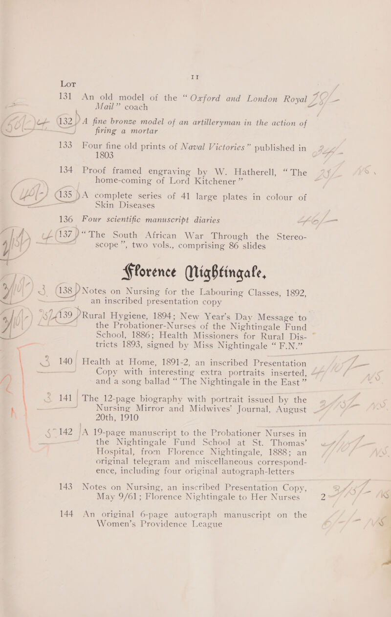 Didi Lor 131 An old model of the “Oxford and London Royal 7 Mal” coach re ™ 132, dA fine bronze model of an artilleryman in the action of =a firing a mortar 133 Four fine old prints of Naval Victories ” published in 1803 134 kaos framed engraving by W. Hatherell, “The home-coming of Lord Kitchener ” 135] )A complete series of 41 large plates in colour of Skin Diseases 136 Four scientific manuscript diaries 2 | AY L 137 | )“ The South African War Through the Stereo- j “7 i : — « ye: i scope’, two vols., comprising 86 slides Florence Nightingale, | ioe — Notes on Nursing for the Labouring Classes, 1892, —_——__an inscribed presentation copy S39 tal Hygiene, 1894; New Year's Day Message to the Probationer- Nurses of the Nightingale Fund tricts 1893, signed by Miss Nightingale “ F.N.” - and a song ballad “ The Nightingale in the East ” eA Paine page biography with portrait issued by the —— Nursing Mirror and Midwives’ Journal, August 20th, 1910) §~ 142 jA 19-page manuscript to the Probationer Nurses in the-Niehtingale “Fund School at. St. “Thomas’ Hospital, from Florence Nightingale, 1888; an original telegram and miscellaneous correspond- ence, including four original autograph-letters 143 Notes on Nursing, an inscribed Presentation Copy, May 9/61; Florence Nightingale to Her Nurses 144 An original 6-page autograph manuscript on the Women’s Providence League