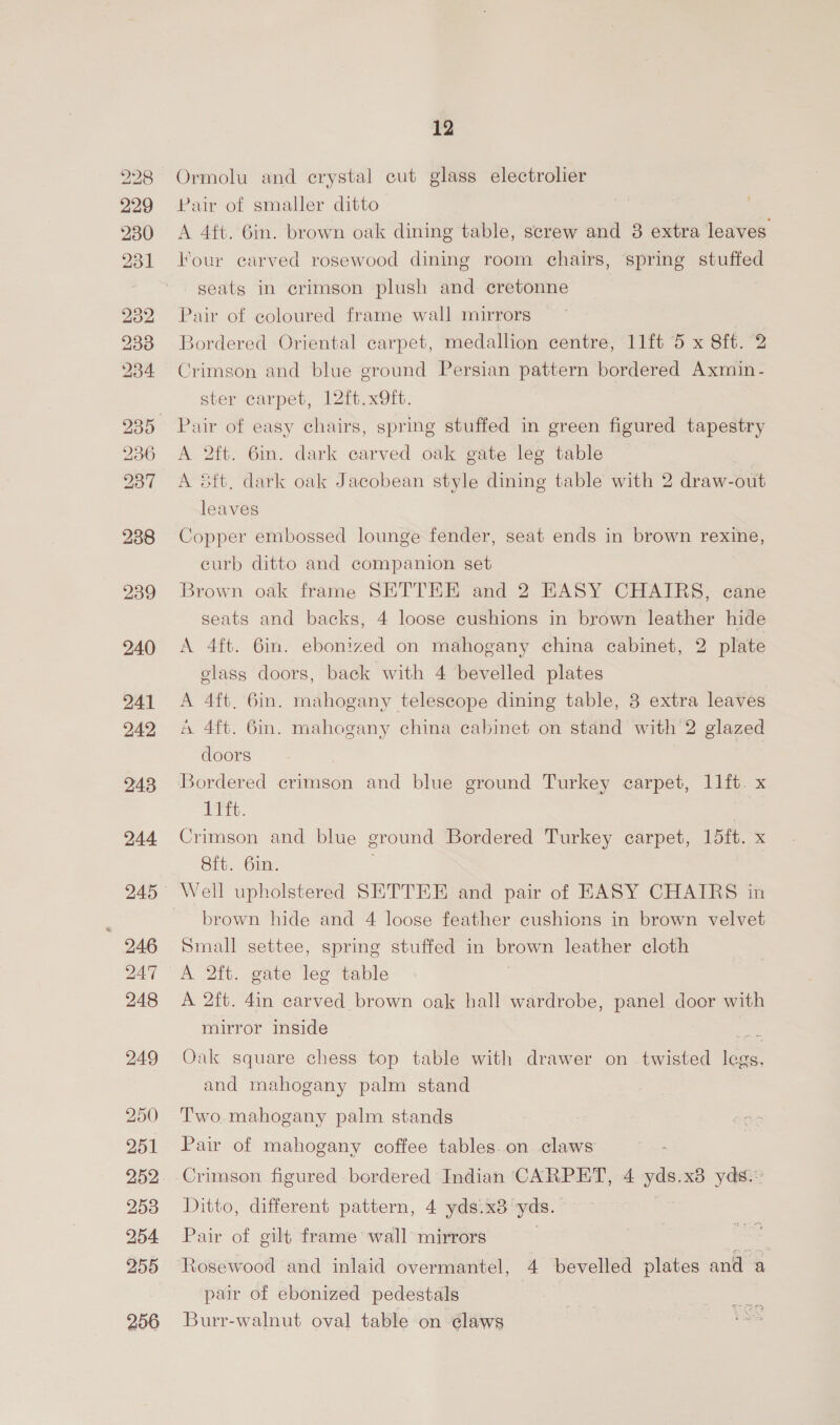 232 233 234 236 237 239 240 241 242 243 244 245 246 247 248 249 250 251 252 253 254 255 256 12 Ormolu and crystal cut glass electrolier Pair of smaller ditto A 4ft. Gin. brown oak dining table, screw and 3 extra leaves Four carved rosewood dining room chairs, spring stuffed seats in crimson plush and cretonne Pair of coloured frame wall mirrors Bordered Oriental carpet, medallion centre, 11ft 5 x 8ft. 2 Crimson and blue ground Persian pattern bordered Axmin- ster carpet, 12ft.x9ft. Pair of easy chairs, spring stuffed in green figured tapestry A 2ft. 6in. dark carved oak gate leg table A sft, dark oak Jacobean style dining table with 2 draw-out leaves Copper embossed lounge fender, seat ends in brown rexine, eurb ditto and companion set Brown oak frame SETTEE and 2 EASY CHAIRS, cane seats and backs, 4 loose cushions in brown leather hide A 4ft. 6in. ebonized on mahogany china cabinet, 2 plate class doors, back with 4 bevelled plates A 4ft, 6in. mahogany telescope dining table, 3 extra leaves A 4ft. 6m. mahogany china cabinet on stand with 2 glazed doors Bordered crimson and blue ground Turkey carpet, 11ft. x se i } Crimson and blue ground Bordered Turkey carpet, 15ft. x 8ft. 6in. . Well upholstered SETTEE and pair of EASY CHAIRS in brown hide and 4 loose feather cushions in brown velvet Small settee, spring stuffed in brown leather cloth A 2ft. gate leg table | A 2ft. 4in carved brown oak hall wardrobe, panel door with mirror inside xe Oak square chess top table with drawer on _ twisted legs. and mahogany palm stand Two mahogany palm stands Pair of mahogany coffee tables on claws Crimson figured bordered Indian CARPET, 4 yds.x8 yds.~ Ditto, different pattern, 4 yds.x3 yds. Pair of gilt frame wall mirrors | Rosewood and inlaid overmantel, 4 bevelled plates and a pair of ebonized pedestals Burr-walaut oval table on. claws
