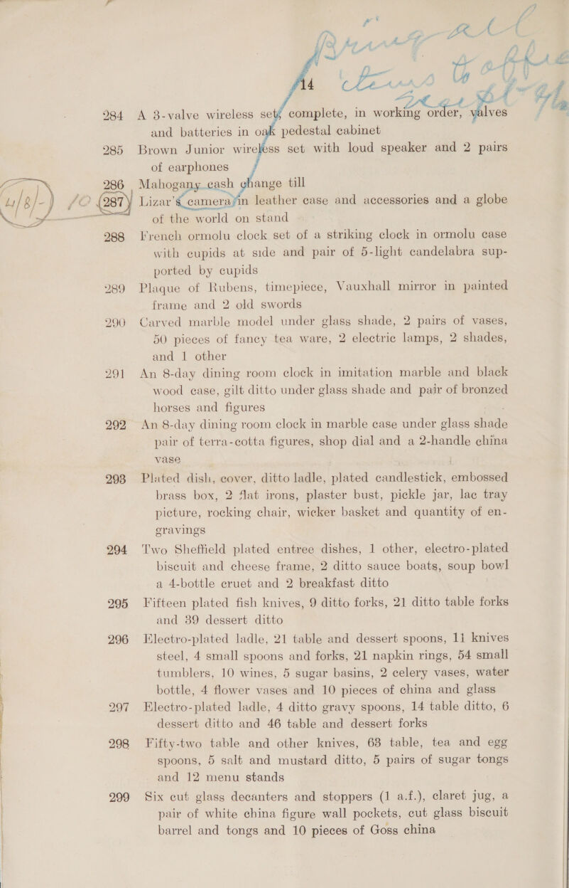 / - i al 284 285 286 288 289 290 291 292 293 294 295 296 298 299 in ce f wh al LZ” aD... ee “cf Fa f Ke set ff   A 8-valve wireless set; complete, in wesiuleg ofa and batteries in a pedestal cabinet Brown Junior wireless set with loud speaker and 2 pairs of earphones Mahogany. sah soongs till of the world on stand French ormolu clock set of a striking clock in ormolu case with eupids at side and pair of 5-light candelabra sup- ported by cupids Plaque of Rubens, timepiece, Vauxhall mirror in painted frame and 2 old swords Carved marble model under glass shade, 2 pairs of vases, 50 pieces of fancy tea ware, 2 electric lamps, 2 shades, and | other An 8-day dining room clock in imitation marble and black wood ease, gilt ditto under glass shade and pair of bronzed horses and figures An 8-day dining room clock in marble case under glass Soa pair of terra-cotta figures, shop dial and a 2-handle china vase | Plated dish, cover, ditto ladle, plated candlestick, embossed brass box, 2 flat irons, plaster bust, pickle jar, lac tray picture, rocking chair, wicker basket and quantity of en- cravings Two Sheffield plated entree dishes, 1 other, electro-plated biscuit and cheese frame, 2 ditto sauce boats, soup bow] a 4-bottle cruet and 2 breakfast ditto Fifteen plated fish knives, 9 ditto forks, 21 ditto table forks and 89 dessert ditto Klectro-plated ladle, 21 table and dessert spoons, 11 knives steel, 4 small spoons and forks, 21 napkin rings, 54 small tumblers, 10 wines, 5 sugar basins, 2 celery vases, water bottle, 4 flower vases and 10 pieces of china and glass Electro-plated ladle, 4 ditto gravy spoons, 14 table ditto, 6 dessert ditto and 46 table and dessert forks Fifty-two table and other knives, 63 table, tea and egg spoons, 5 salt and mustard ditto, 5 pairs of sugar tongs and 12 menu stands Six cut glass decanters and stoppers (1 a.f.), claret jug, a pair of white china figure wall pockets, cut glass biscuit barrel and tongs and 10 pieces of Goss china