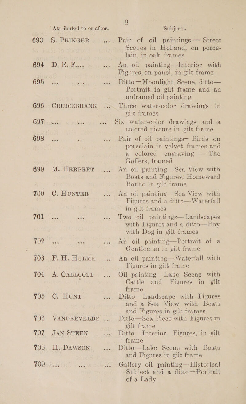 693 S. PRINGER 694 D.E.F... 695. 696 CRUICKSHANK O97: : 20 698 699 M. HERBERT 700 C. HUNTER 701 702 703 F. H. HutMe 704. A. CALLCOTT 705 GC. Hunt 706 VANDERVELDE ee 707. JAN STEEN 708. H. DAWSON 709 8 Subjects. Pair of oil paintings — Street Scenes in Holland, on porce- lain, in oak frames An oil painting—Interior with Figures, on panel, in gilt frame Ditto— Moonlight Scene, ditto— Portrait, in gilt frame and an unframed oil painting Three water-color drawings in gilt frames Six water-color drawings and a colored picture in gilt frame Pair of oil paintings-- Birds on porcelain in velvet frames and a colored engraving — The Goffers, framed An oil painting—Sea View with Boats and Figures, Homeward Bound in gilt frame An oil painting—Sea View with Figures and a ditto— Waterfall in gilt frames Two oil paintings—Landscapes with Figures and a ditto—Boy with Dog in gilt frames An oil painting—Portrait of a Gentleman in gilt frame An oil painting—Waterfall with Figures in gilt frame Oil painting—Lake Scene with Cattle and Figures in gilt frame Ditto—Landscape with Figures and a Sea View with Boats and Figures in gilt frames Ditto—Sea Piece with Figures in gilt frame Ditto—Interior, Figures, in gilt frame Ditto—Lake Scene with Boats and Figures in gilt frame Gallery oil painting— Historical Subject and a ditto—Portrait of a Lady