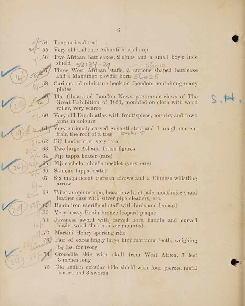 $ b-54 Tongan head rest 305] “55 Very old and rare Ashanti brass lamp _56 Two African We 2 clubs and a small boy's hide — af shieid SQ fs act 4 34 } A] Three West ce ees staffs, a curious shaped Cayncae ‘ and a Mandingo powder horn 50625  Ae od Ps: Curious old miniature book on foneon, Song uate many plates | The fllustrated Loncon News’ panoramic views of The -% J Great Exhibition of 1851, mounted on cloth with wood roller, very scarce 60 Very old Dutch atlas with frontispiece, country and town arms in colours ery curiously carved Ashanti stool and 1 rough one cut from the root of a tree Wrebu-s*   ai e 62 Fiji food stirrer, very rare Two large Ashanti fetish figures Fiji tappa beater (rare) ) Fiji cachelot chief’s necklet (very rare) Samoan tappa beater Six magnificent Persian arrows and « Chinese whistling arrow  _ 68 Tibetan opium pipe, brass bowland jade mouthpiece, and : _ leather case with silver pipe cleaners, etc. “40 Very heavy Benin bronze leopard plaque 71 Javanese sword with carved horn handle and curved 3 blade, wood sheath silver mounted »\.72, Martini- Henry sporting ride 73} Pair of exceedingly large hippopotamus teeth, weighin» eo ae , 9k lbs. for ivory Lz v3 Crocodile skin with skull from West Africa, .7 feet fm | é 3 inches long 75 Old Indian circular hide shield with four pierced metal bosses and 3 swords 