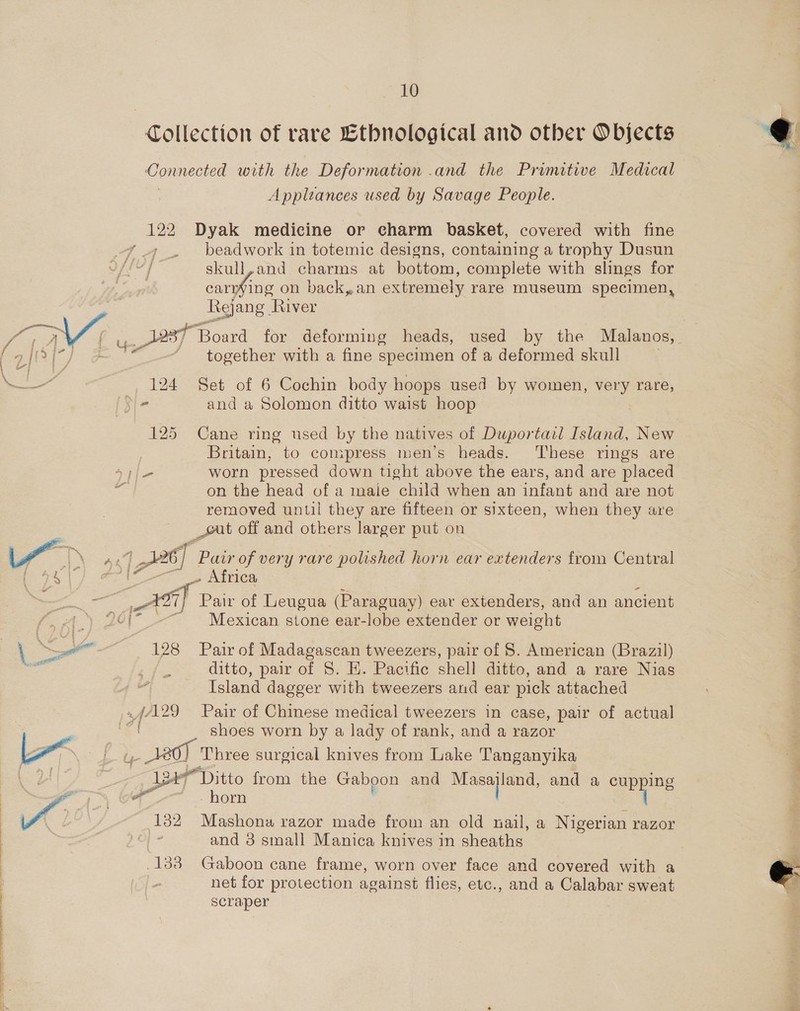 Collection of rare Etbnological and other Objects Connected with the Deformation .and the Primitive Medical Applzances used by Savage People. ie Dyak medicine or charm basket, covered with fine 74 . beadwork in totemic designs, containing a trophy Dusun F| skull,and charms at bottom, complete with slings for caryhi ing on back, an extremely rare museum specimen, Rejang. River la. ___ 3287 Board for deforming heads, used by the Malanos, _ a{Ql-) ¢ ~ together with a fine specimen of a deformed skull a 124 Set of 6 Cochin body hoops used by women, very rare, i i and a Solomon ditto waist hoop 125 Cane ring used by the natives of Duportail Island, New Britain, to compress men’s heads. These rings are &gt;i |= worn pressed down tight above the ears, and are placed i on the head of a maie child when an infant and are not removed until they are fifteen or sixteen, when they are _cat off and others larger put on aa | eof Pair of very rare polished horn ear extenders from Central ps | / es - Africa | aes eon Pair of Leugua (Paraguay) ear extenders, and an ancient PK.) (- -~ Mexican stone ear-lobe extender or weight \ Sr 128 Pair of Madagascan tweezers, pair of 8. American (Brazil) ditto, pair of §. E. Pacific shell ditto, and a rare Nias Island dagger with tweezers and ear pick attached * {A29 Pair of Chinese medical tweezers in case, pair of actual | a! shoes worn by a lady of rank, and a razor L~ i Three surgical knives from Lake Tanganyika 1H Ditto from the Gaboon and ie and a cupeine re , - horn 132 Mashona razor made from an old nail, a Nigerian razor Ko and 3 small Manica knives in sheaths 133 Gaboon cane frame, worn over face and covered with a net for protection against flies, etc., and a Calabar sweat scraper