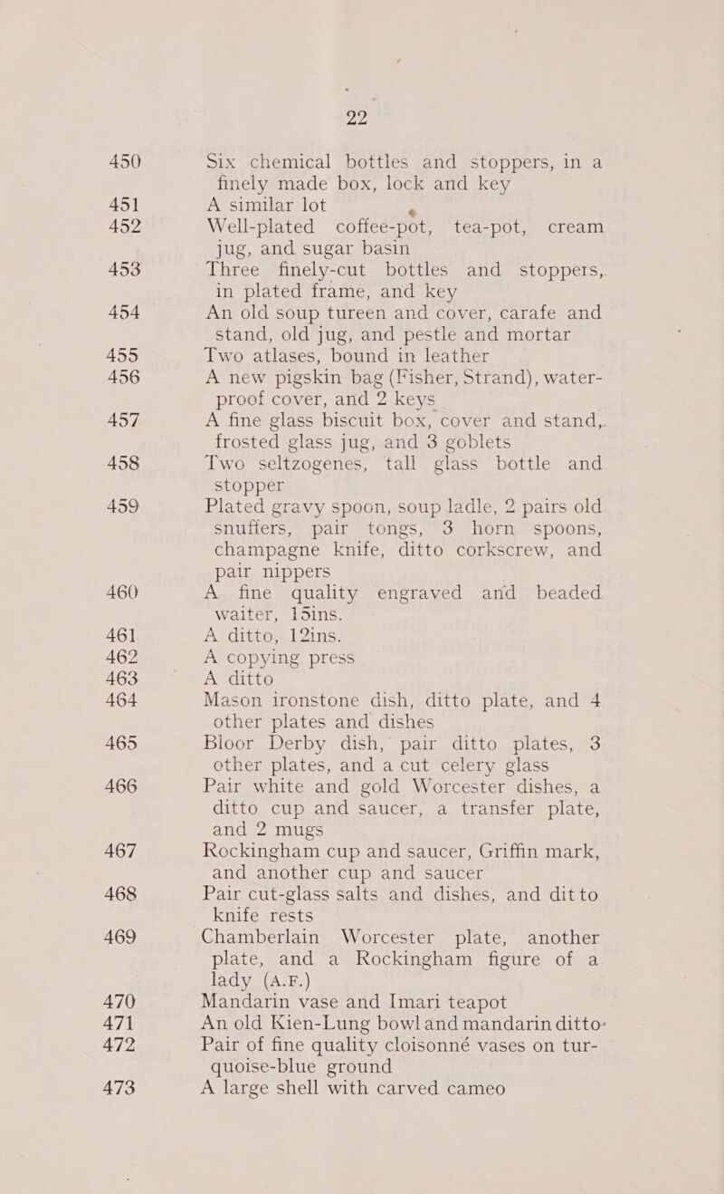 450 451 452 454 455 456 457 458 459 460 46] 462 463 464 465 466 467 468 469 470 47} 472 473 22, Six chemical bottles and stoppers, in a finely made box, lock and key A similar lot Well-plated coffee-pot, tea-pot, cream jug, and sugar basin Three finely-cut bottles and stoppers, in plated frame, and key An old soup tureen and cover, carafe and stand, old jug, and pestle and mortar Two atlases, bound in leather A new pigskin bag (Fisher, Strand), water- proof cover, and 2 keys A fine glass biscuit box, cover and stand, frosted glass jug, and 3 goblets Two seltzogenes, tall glass bottle and stopper Plated gravy spoon, soup ladle, 2 pairs old snufters, pair tongs, 3 horn spoons, champagne knife, ditto corkscrew, and pair nippers Ageline “duality. engraved and. beaded waiter, 15ins. A dittos 12ins A copying press A ditto Mason ironstone dish, ditto plate, and 4 other plates and dishes Bloor Derby dish, pair ditto plates, 3 other plates, and a cut celery glass Pair white and gold Worcester dishes, a ditto cup and saucer, a transfer plate, and 2 mugs Rockingham cup and saucer, Griffin mark, and another cup and saucer Pair cut-glass salts and dishes, and dit to knife rests Chamberlain Worcester plate, another plate, and a Rockingham figure of a lady (A.F.) Mandarin vase and Imari teapot An old Kien-Lung bowland mandarin ditto: Pair of fine quality cloisonné vases on tur- quoise-blue ground A large shell with carved cameo