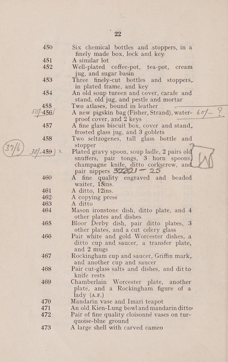 99  450 Six chemical bottles and stoppers, in a. finely made box, lock and key. 451 A similar lot | 452 Well-plated coffee-pot, tea-pot, cream _ jug, and sugar basin 453 Three finely-cut bottles and _ stoppers,. in plated frame, and key 454 An old soup tureen and cover, carafe and stand, old jug, and pestle and mortar _ 455, Two atlases, bound in leather —___—— ~ oH S0/-456]/ A new pigskin bag (Fisher, Strand), Rise be 7 proof cover, and 2 keys | , a 457 A fine glass biscuit box, cover and stand,. frosted glass jug, and 3 goblets pa 458 Two seltzogenes, tall glass bottle and (an/{ \ stopper 7 = es 40] 459 } © Plated gravy spoon, soup ladle, 2 pairs ol Pay snuffers, pair tongs, 3 horn spoons, \ il champagne knife, ditto corkscrew, and__, ( pair nippers S2AQI— 25 460 A fine quality engraved and beaded waiter, 15ins. 46] A ditto, 12ins. 462- A copying press 463 A ditto 464 Mason ironstone dish, ditto plate, and..4 other plates and dishes 465 Bloor Derby, dish,.: pain ditto, platesiaes other plates, and a cut celery glass 466 Pair white and gold Worcester dishes, a ditto cup.and saucer, a transfer plate, and 2 mugs 467 - Rockingham cup and saucer, Griffin mark,. and another cup and saucer 468 Pair cut-glass salts and dishes, and dit to knife rests 469 Chamberlain Worcester plate, another plate, and a Rockingham figure of a lady (A.F.) 470 Mandarin vase and Imari teapot 471 An old. Kien-Lung bowland mandarin ditto 472 Pair of fine quality cloisonné vases on tur- quoise-blue ground 473 A large shell with carved cameo