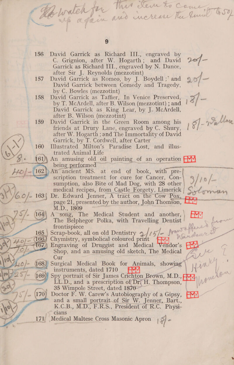 C. Grignion, after W. Hogarth; and David Garrick as Richard III., engraved by N. Dance, after Sir J. Reynolds (mezzotint) J 157 David Garrick as Romeo, by J. Boydell ;*and 9 o/ sia David Garrick between Comedy and Tragedy, by C. Bowles (mezzotint) , 158 David Garrick as Taffier, In Venice Preserved, ¥/ at by T. McArdell, after B. Wilson (mezzotint) ; and Cm David Garrick as King Lear, by J. McArdell, after B. Wilson (mezzotint) | fi 159 David Garrick in the Green Room among his 5]. yu At | friends at Drury Lane, engraved by C. Shury, [vy a after W. Hogarth ; and The Immortality of David oN pos Garrick, by T. Cordwell, after Carter ( 160 Illustrated Milton’s Paradise Lost, and illus- wg 156 David Garrick as Richard III., engraved by 20] trated Animal Life (6) An amusing old oil _painting of an operation SU pep, being. performed ~ Ae en - Hey j—(162} tpAn ancient MS. at end of book, with “pre-} “ewe” scription treatment for cure for Cancer, Con-| &amp; ie, wy ie sumption, also Bite of Mad Dog, with 28 other | é' pe ee   A): dical from Castle Forgety, Limerick | ¢/, A} medical recipes, from Castle Forgety, Limeric Corviewtic ~\ YG 0}. 163 | Dr. Edward Jenner, A tract on the Cow Pox, a ee ee chen page 21 , presented by the author, John Thomson, RR =    M.D., 1809 (164 A song, The Medical Student and another, | ~, The Belphegor Polka, with Travelling Dentist! ~~~ « hse eM _ frontispiece ahhrirnr® &amp; ; \ en 165. Scrap-book, all on old Dentistry 4 2/ £4 ¥ Dnt te ww si &gt; ~~, j). 166) Chymistry, symbolical coloured print Fe, s aaa —~167,, Engraving of Druggist and Medical andor’ S.  Shop, and an amusing old sketch, The Medical fh C i ‘ ya F , : ur Mie 7 E Lap: m8 68) Surgical Medical Book for Animals, showing’ PPA ES eT, )6|CUe, instruments, dated 1710 oe : | a a f= 169 Spy portrait of Sir James Crichton Brown, M. D. AR, . amt wie. and a prescription. oW Dri ‘A. Thompson, F/ gy aA (ys - SS Wimpole Street, dated 1870” ae il /- Doctor F. W. Carew’s Autobiography of a Gipsy, | and a small portrait.of Sir W. Jenner, Bart., K.C.B., M.D:, F.R.S., President of R.C. Physi- clans 