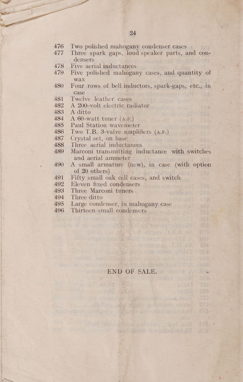  478 479 480 481 482 483 485 486 487 488 489 490) 49] 492 493 495 496  Two polished mahogany condenser cases Three spark gaps, loud speaker parts, and con- densers | Five aerial inductances Five polished mahogany cases, and quantity of wax Four rows of bell inductors, spark-gaps, etc., in case Twelve leather cases A 200-volt electric radiator A ditto Paul Station wavemeter Two T.B. 3-valve amplifiers (A.F.) Crystal set, on base Three aerial inductances Marconi transmitting inductance with switches and aerial ammeter A small armature (new), in case (with option of 20 others) Fifty small oak cell cases, and switch Kleven fixed condensers Three Marconi tuners Large condenser, in mahogany case Thirteen small condensers END OF SALE.