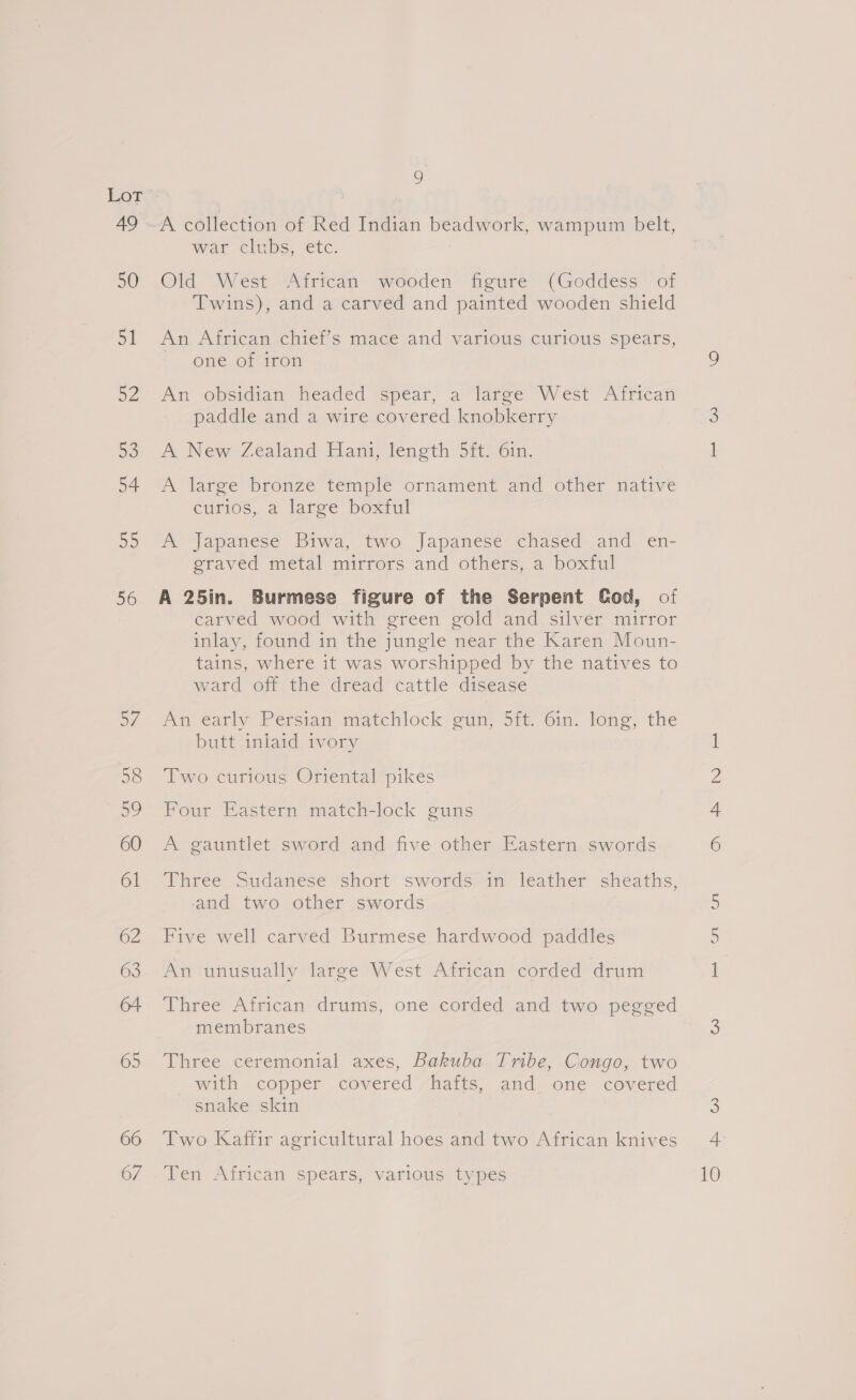 Eor 65 66 67 9 -A collection of Red Indian beadwork, wampum belt, war clubs, etc. Old West African wooden figure (Goddess of Twins), and a carved and painted wooden shield An African chief’s mace and various curious spears, one of iron An obsidian headed spear, a large West African paddle and a wire covered knobkerry A New Zealand Elany feneth 56-61. A large bronze temple ornament and other native curios, a large boxful A Japanese Biwa, two Japanese chased and en- graved metal mirrors and others, a boxful A 25in. Burmese figure of the Serpent Cod, of carved wood with green gold and. silver mirror inlay, found in the jungle near the Karen Moun- tains, where it was worshipped by the natives to ward ©ljthe dread cattle disease An early Persian matchlock gun, 5ft. 6in. long, the butt inlaid ivory Two curious Oriental pikes Four Eastern match-lock guns A gauntlet sword and five other Eastern swords Three Sudanese short swords in leather sheaths, and two other swords Five well carved Burmese hardwood paddles An unusually large West African corded drum Three African drums, one corded and two pegged membranes Three ceremonial axes, Bakuba Tribe, Congo, two with copper covered hafts, and one covered snake skin Two Kaffir agricultural hoes and two African knives Ten African spears, various types OO BB NO FH 10