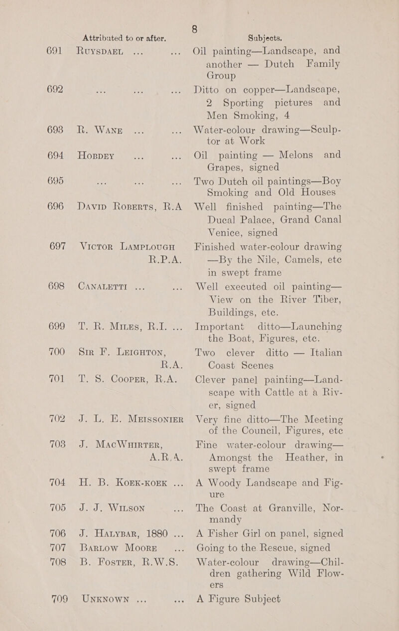 691 692 693 694 695 696 697 698 699 700 701 704 705 706 707 708 709 Attributed to or after. RUYSDAEL R. WANE HoBprEy Davin Roserts, R.A Victor LAMPLOUGH ReeeAy CANALETTI ... AWS Mate Westie, Agile Sir F. LEIGHTON, R.A. Ti 8. Coopsr, B.A, J. L. EK. MEISSONIER J. MAacWHIRTER, A.R.A. He Baw OEK-KOEK. eee Lc OM J. HatysBar, 1880 ... Bartow Moore B. Foster, R.W.S. UNKNOWN .,.. 8 Subjects. Oil painting—Landscape, and another — Dutch Family Group Ditto on copper—Landscape, 2 Sporting pictures and Men Smoking, 4 Water-colour drawing—Sculp- tor at Work Oil painting — Melons and Grapes, signed Two Dutch oil paintings—Boy Smoking and Old Houses Well finished painting—The Ducal Palace, Grand Canal Venice, signed Finished water-colour drawing —By the Nile, Camels, ete in swept frame Well executed oil painting— View on the River Tiber, Buildings, etc. Important ditto—lLaunching the Boat, Figures, etc. Two clever ditto — Italian Coast Scenes   Clever panel painting—Land- scape with Cattle at a Riv- er, signed Very fine ditto—The Meeting of the Council, Figures, ete Fine water-colour drawing— Amongst the Heather, in swept frame A Woody Landscape and Fig- ure The Coast at Granville, Nor- mandy A Fisher Girl on panel, signed Going to the Rescue, signed Water-colour drawing—Chil- dren gathering Wild Flow- ers A Figure Subject