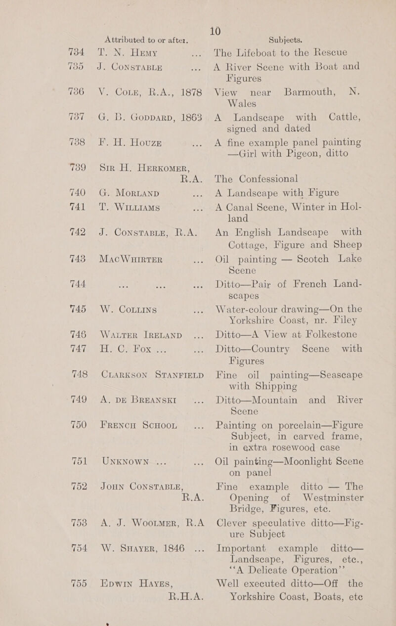 740 741 742 743 744 745 746 747 748 749 750 Attributed to or after. ee Noe ELEY J. CONSTABLE VOR COLM aha As G1 sis G. B. Gopparp, 1863 Ashe daleyevAy Sir H. HerKomer, ree G. MorLAND T. WILLIAMS J. ConsTABLE, R.A. Mac WHIRTER W. CoLuLINs WALTER IRELAND ie Ore LOxXare. CLARKSON STANFIELD A. DE BREANSKI FRENCH SCHOOL UNKNOWN... JOHN CONSTABLE, R.A. A. J. Wootmsr, R.A W. SHAYER, 1846 Epwin HAyEs, R.H.A. 10 Subjects. The Lifeboat to the Rescue A River Scene with Boat and Figures View near Barmouth, N. Wales A Landscape with Cattle, signed and dated A fine example panel painting —Girl with Pigeon, ditto The Confessional A Landscape with Figure A Canal Scene, Winter in Hol- land An English Landscape with Cottage, Figure and Sheep Oil painting — Scotch Lake Scene Ditto—Pair of French Land- scapes Water-colour drawing—On the Yorkshire Coast, nr. Filey Ditto—A View at Folkestone Ditto—Country Scene with Figures Fine oil painting—Seascape with Shipping Ditto—Mountain Scene and River Painting on porcelain—F igure Subject, in carved frame, in extra rosewood case Oil painting—Moonlight Scene on panel Fine example ditto — The Opening of Westminster Bridge, Figures, etc. Clever speculative ditto—Fig- ure Subject Important example ditto— Landscape, Figures, etc., ‘*A Delicate Operation’’ Well executed ditto—Off the Yorkshire Coast, Boats, ete