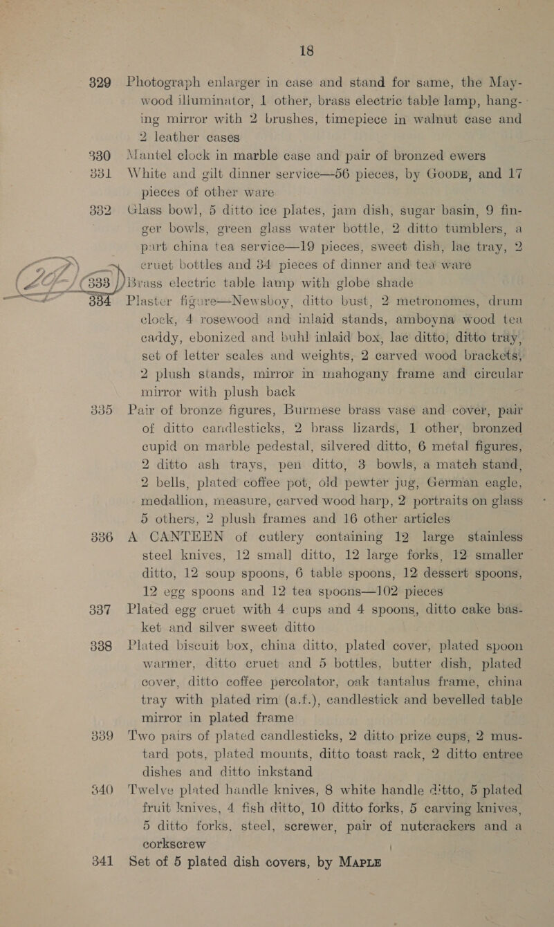 329 Photograph enlarger in case and stand for same, the May- wood illuminator, 1 other, brass electric table lamp, hang- - ing mirror with 2 brushes, timepiece in walnut case and 2 leather cases 330 Alantel clock in marble case and pair of bronzed ewers 331 White and gilt dinner service—d6 pieces, by GoopE, and 17 pieces of other ware 332 Glass bowl, 5 ditto ice plates, jam dish, sugar basin, 9 fin- ger bowls, green glass water bottle, 2 ditto tumblers, « part china tea service—19 pieces, sweet dish, lae tray, 2 cruet bottles and 34 pieces of dinner and tea ware / Brass electric table lamp with globe shade —  Plaster figure—Newsboy, ditto bust, 2 metronomes, drum clock, 4 rosewood and inlaid stands, amboyna wood tea caddy, ebonized and buhl inlaid box, lae ditto, ditto tray, set of letter scales and weights, 2 carved wood brackets, 2 plush stands, mirror in mahogany frame and circular mirror with plush back 335 Pair of bronze figures, Burmese brass vase and cover, pair of ditto candlesticks, 2 brass lizards, 1 other, bronzed cupid on marble pedestal, silvered ditto, 6 metal figures, 2 ditto ash trays, pen ditto, 3 bowls, a match stand, 2 bells, plated coffee pot, old pewter jug, German eagle, medallion, measure, carved wood harp, 2 portraits on glass 5 others, 2 plush frames and 16 other articles 386 A CANTEEN of cutlery containing 12 large stainless steel knives, 12 small ditto, 12 large forks, 12 smaller ditto, 12 soup spoons, 6 table spoons, 12 dessert spoons, 12 egg spoons and 12 tea spoons—102 pieces 337 Plated egg cruet with 4 cups and 4 spoons, ditto cake bas- ket and silver sweet ditto 388 Plated biscuit box, china ditto, plated cover, plated spoon warmer, ditto cruet and 5 bottles, butter dish, plated cover, ditto coffee percolator, oak tantalus frame, china tray with plated rim (a.f.), candlestick and bevelled table mirror in plated frame 339 Two pairs of plated candlesticks, 2 ditto prize cups, 2 mus- tard pots, plated mounts, ditto toast rack, 2 ditto entree dishes and ditto inkstand 840 Twelve plated handle knives, 8 white handle @tto, 5 plated fruit knives, 4 fish ditto, 10 ditto forks, 5 carving knives, 5 ditto forks. steel, screwer, pair of nutcrackers and a corkscrew ) 341 Set of 5 plated dish covers, by MAPLE