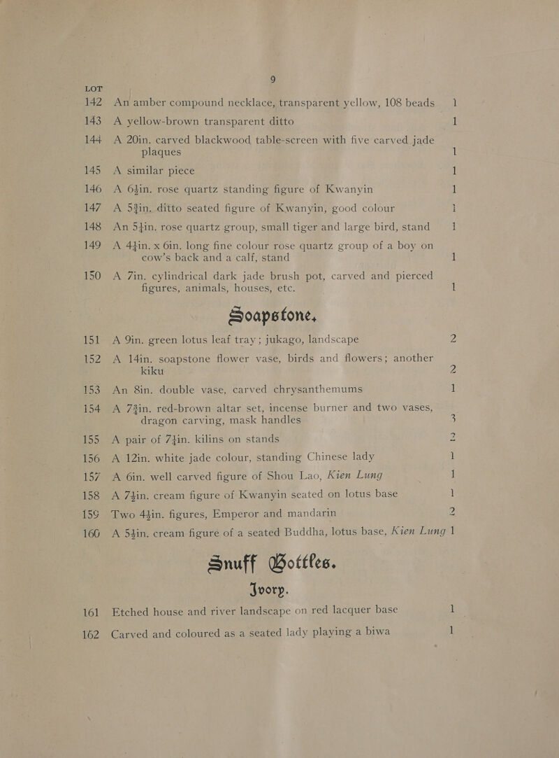 142 143 144 145 146 147 149 150 151 152 £53 154 155 156 Loz 158 159 166 161 162 9 A yellow-brown transparent ditto A 20in. carved blackwood table-screen with five carved jade plaques A similar piece A 6$in. rose quartz standing figure of Kwanyin A 53in. ditto seated figure of Kwanyin, good colour An 5tin. rose quartz group, small tiger and large bird, stand A 4tin. x 6in. long fine colour rose quartz group of a boy on eow s back ‘anda calf; stand A 7in. cylindrical dark jade brush pot, carved and pierced figures, animals, houses, etc. Soapstone, A Yin. green lotus leaf tray; jukago, landscape A 14in. soapstone flower vase, birds and flowers; another kiku An 8in. double vase, carved chrysanthemums A 73in. red-brown altar set, incense burner and two vases, dragon carving, mask handles A pair of 7}in. kilins on stands A 12in. white jade colour, standing Chinese lady A 6in. well carved figure of Shou Lao, Kien Lung A 7hin. cream figure of Kwanyin seated on lotus base Two 44in. figures, Emperor and mandarin Snuff Wottles. Joorp. Etched house and river landscape on red lacquer base Carved and coloured as a seated lady playing a biwa in ee