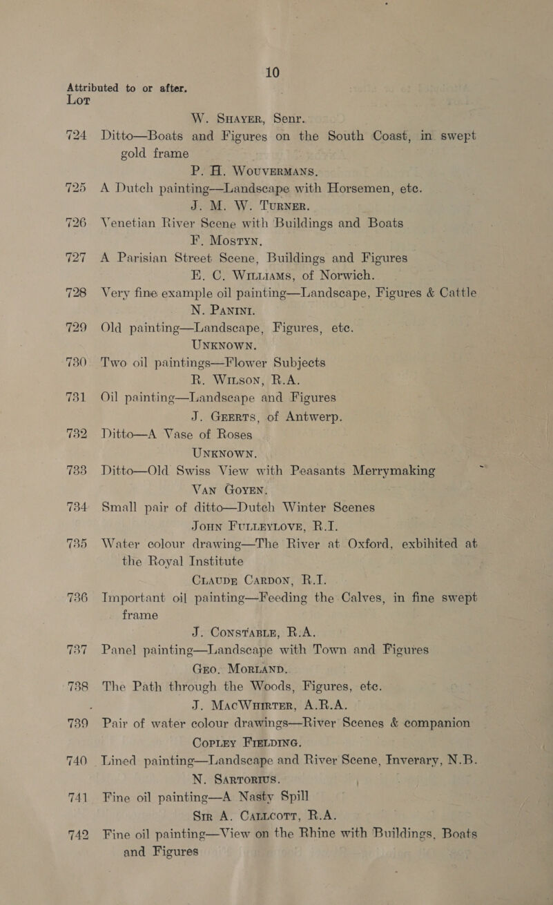 Lot 724 739 736 W. SHAYER, Senr. Ditto—Boats and Figures on the South Coast, in swept gold frame P. H. WovuvERMANS. A Dutch painting—Landscape with Horsemen, etc. J. M. W. TurRNER. Venetian River Scene with Buildings and Boats F. Mostyn. A Parisian Street Scene, Buildings and Figures E,. C. Wriuuiams, of Norwich. Very fine example oil painting—Landscape, Figures &amp; Cattle N. PANINI. ? Old painting—Landsecape, Figures, ete. UNKNOWN. Two oil paintings—Flower Subjects R. Wiuson, R.A. Oil painting—Landseape and Figures  J. GrERTS, of Antwerp. Ditto—A Vase of Roses UNKNOWN. Ditto—Old Swiss View with Peasants Merrymaking Van GOYEN. | Small pair of ditto—Dutch Winter Scenes JoHN FULLEYLOVE, BR.I. Water colour drawinge—The River at Oxford, exbihited at the Royal Institute CuAuDE Carpon, B.I. Tmportant oi] painting—Feeding the Calves, in fine swept frame J. ConstTasBleE, R:A. Panel paintine—Landsecape with Town and Figures Gro. MorLANnpD. The Path through the Woods, Figures, ete. J. MacWuirter, A.R.A. Pair of water colour drawings—River Scenes &amp; companion CopLey FIELDING. Landscape and River Scene, Inverary, N.B.  N. SARTORIUS. Fine oil paintinge—A Nasty Spill Srr A. CaticottT, R.A. Fine oil painting—View on the Rhine with Buildings, Boats and Figures ~
