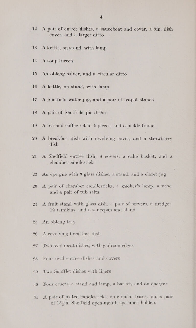 12 13 14 15 16 17 18 19 20 21 22 24 30 31 4 A pair of entree dishes, a sauceboat and cover, a 9in. dish cover, and a larger ditto A kettle, on stand, with lamp A soup tureen An oblong salver, and a circular ditto A kettle, on stand, with lamp A Sheffield water jug, and a pair of teapot stands A pair of Sheffield pie dishes A tea and coffee set in 4 pieces, and a pickle frame A breakfast dish with revolving cover, and a strawberry dish A Sheffield entree dish, 8 covers, a cake basket, and a chamber candlestick An epergne with 38 glass dishes, a stand, and a claret jug A pair of chamber candlesticks, a smoker’s lamp, a vase, and a pair of tub salts A fruit stand with glass dish, a pair of servers, a dredger, 12 ramikins, and a saucepan and stand An oblong tray A revolving breakfast dish Two oval meat dishes, with gadroon edges Four oval entree dishes and covers Two Soufflet dishes with liners Four cruets, a stand and lamp, a basket, and an epergne A pair of plated candlesticks, on circular bases, and a pair of 153in. Sheffield open-mouth specimen holders