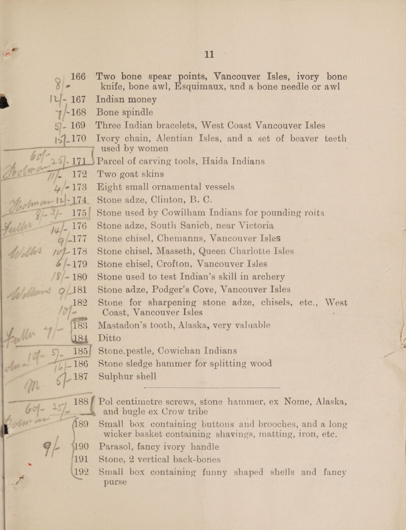 .; 166 Two bone spear points, Vancouver Isles, ivory bone - knife, bone awl, Esquimaux, and a bone needle or awl U/- 167 Indian money 7/168 Bone spindle s7- 169 Three Indian bracelets, West Coast Vancouver Isles ea Ivory chain, Alentian Isles, and a set of beaver teeth — a used by women - G0 pe. Parcel of carving tools, Haida Indians |= “172 Two goat skins y/e -173 Hight small ornamental vessels dyn vars ld Lik Stone adze, Clinton, B. C. OO. 4/- 175| Stone used by Cowilham Indians for pounding roits “Ty )- 176 Stone adze, South Sanich, near Victoria G 177 Stone chisel, Chemanns, Vancouver Isles ty Le 17-178 Stone chisel, Masseth, Queen Charlotte Isles “| -179 Stone chisel, Crofton, Vancouver Isles /$/-180 Stone used to test Indian’s skill in archery Aj hier 9/-! 81 Stone adze, Podger’s Cove, Vancouver Isles ee Stone for sharpening stone adze, chisels, etc., West Coast, Vancouver Isles    ts Mastadon’s tooth, Alaska, very valuable wi we Ditto a =~ 5. se Stone.pestle, Cowichan Indians — ae 186 Stone sledge hammer for splitting wood sf 187 Sulphur shell  _— io “188 | Pol centimetre screws, stone hammer, ex Nome, Alaska, &amp;oj- ra Fhe 4 and bugle ex Crow fvae vor 89 Small box containing buttons and brooches, anda long 7 wicker basket containing shavings, matting, iron, etc. 9 /- 90 Parasol, fancy ivory handle 191 Stone, 2 vertical back-bones 192 Small box containing funny shaped shells and fancy ss purse gor