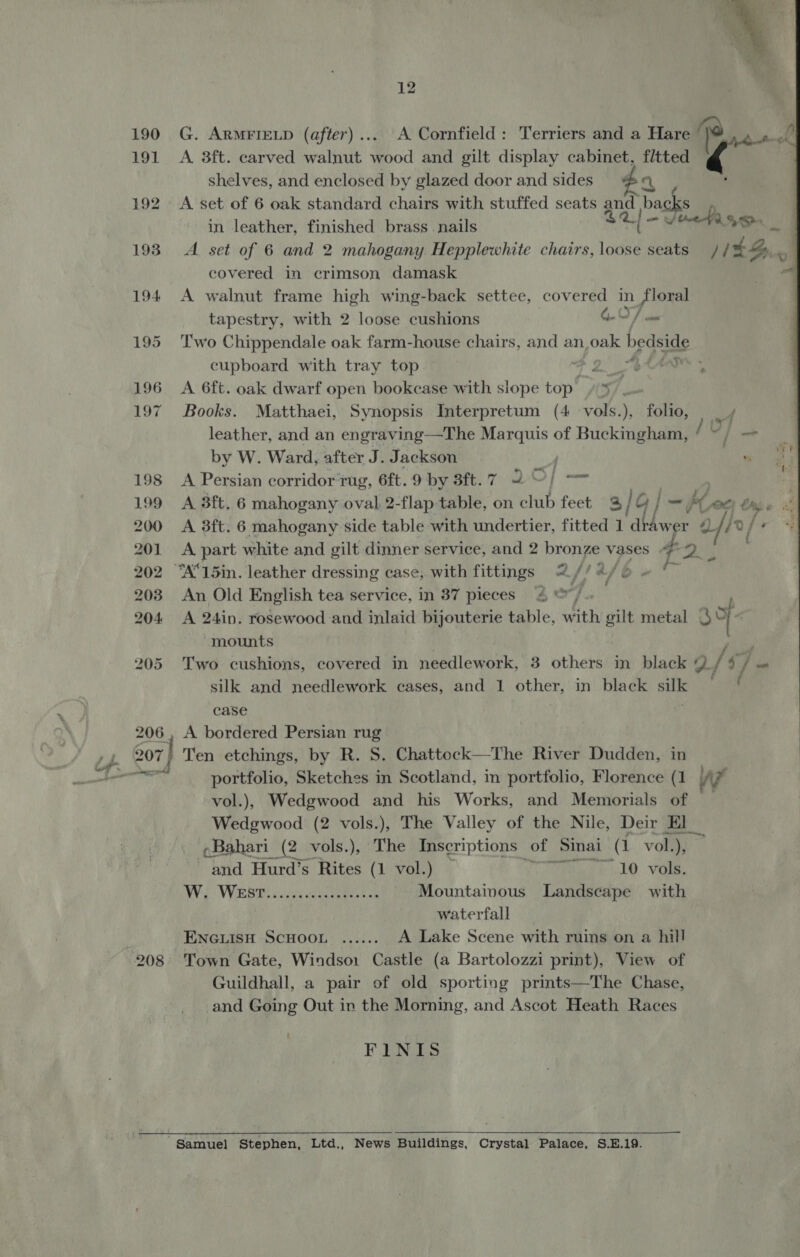 208  A 3ft. carved walnut Mood and gilt display cabinet, 2. shelves, and enclosed by glazed door and sides 4 A set of 6 oak standard chairs with stuffed seats and ake in leather, finished brass nails $2] ee J teh, aS A set of 6 and 2 mahogany Hepplewhite chairs, loose seats // 4%, on covered in crimson damask . A walnut frame high wing-back settee, covered in fie G. ARMFIELD (after)... A Cornfield: Terriers and a Hare ' y, vee  tapestry, with 2 loose cushions G-O/ Two Chippendale oak farm-house chairs, and an,oak hedside cupboard with tray top Fo 2 et ; A 6ft. oak dwarf open bookcase with slope top’ 57 Books. Matthaei, Synopsis Interpretum (4 vols.), folio, ¥ leather, and an engraving—The Marquis of Buckingham, * ~ / > by W. Ward, after J. Jackson Mig . ; A Persian corridortug, 6ft. 9 by 3ft.7 2) = , A 3ft. 6 mahogany oval 2-flap ie on club feet a/c Gj= hy. Ot) thy A 3ft. 6 mahogany side table with undertier, fitted 1 drawer 2 Yi, /o/ + A part white and gilt dinner service, and 2 bronze vases FD f a An Old English tea service, in 37 pieces : A 24in. rosewood and inlaid bijouterie table, nek gilt metal © | mounts Two cushions, covered in needlework, 3 others in black 4) f ‘§ 4 wt silk and needlework cases, and 1 other, in black silk case 7 A bordered Persian rug Ten etchings, by R. S. Chatteck—The River Dudden, in portfolio, Sketches in Scotland, in portfolio, Florence (1 Ay vol.), Wedgwood and his Works, and Memorials of Wedgwood (2 vols.), The Valley of the Nile, Deir El _ Bahari (2 vols.), The Inscriptions of Sinai (l vol, ),  ~ and Hurd’s Rites (1 vol.) ~ Tere WO. Vale: Vf) Wie Bees .iyu ctaanaea 5p Mountaivous Landscape with waterfall ENGLISH SCHOOL ...... A Lake Scene with ruins on a hill Town Gate, Windso1 Castle (a Bartolozzi print), View of Guildhall, a pair of old sporting prints—The Chase, and Going Out in the Morning, and Ascot Heath Races - FINIS