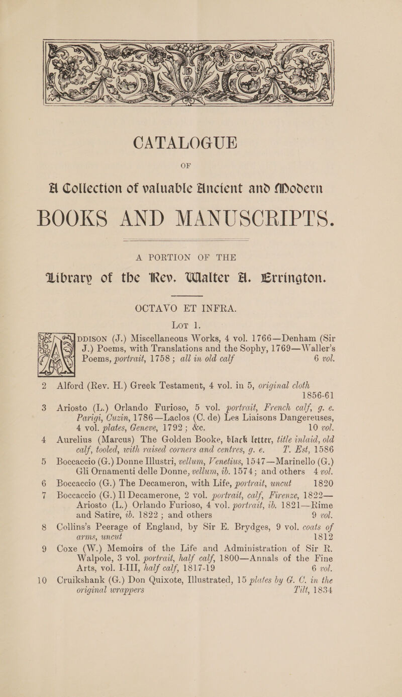    El Collection of valuable Ancient and Modern BOOKS AND MANUSCRIPTS. ae PORTION OR lT rE Library of the Rev. Ulalter A. Errington.    OCTAVO ET INFRA. Lor ig \| DDISON (J.) Miscellaneous Works, 4 vol. 1766—Denham (Sir J.) Poems, with Translations and the Sophy, 1769—Waller’s Poems, portrait, 1758 ; all in old calf 6 vol.  2 Alford (Rev. H.) Greek Testament, 4 vol. in 5, orzginal cloth 1856-61 3 Ariosto (L.) Orlando Furioso, 5 vol. portrait, French calf, g. e. Parigi, Cuzin, 1786—Laclos (C. de) Les Liaisons Dangereuses, 4 vol. plates, Geneve, 1792; &amp;e. 10 vol. 4 Aurelius (Marcus) The Golden Booke, black letter, Zitle inlaid, old calf, tooled, with raised corners and centres, q. €. LE st. V 586 5 Boceaccio (G.) Donne [llustri, vellum, Venetius, 1547—Marinello (G.) Gli Ornamenti delle Donne, vellum, 7b. 1574; and others 4 vol. 6 Boccaccio (G.) The Decameron, with Life, portrait, uncut 1820 7 Boccaccio (G.) Il Decamerone, 2 vol. portrait, calf, Firenze, 1822— Ariosto (L.) Orlando Furioso, 4 vol. portract, 1b. 1821—Rime and Satire, 1b. 1822; and others 9 vol. 8 Coilins’s Peerage of England, by Sir E. Brydges, 9 vol. coats of arms, wncut 1812 9 Coxe (W.) Memoirs of the Life and Administration of Sir R. Walpole, 3 vol. portrait, half calf, 1800—Annals of the Fine Arts, vol. I-III, half calf, 1817-19 6 vol. 10 Cruikshank (G.) Don Quixote, Illustrated, 15 plates by G. C. in the original wrappers Tilt, 1834