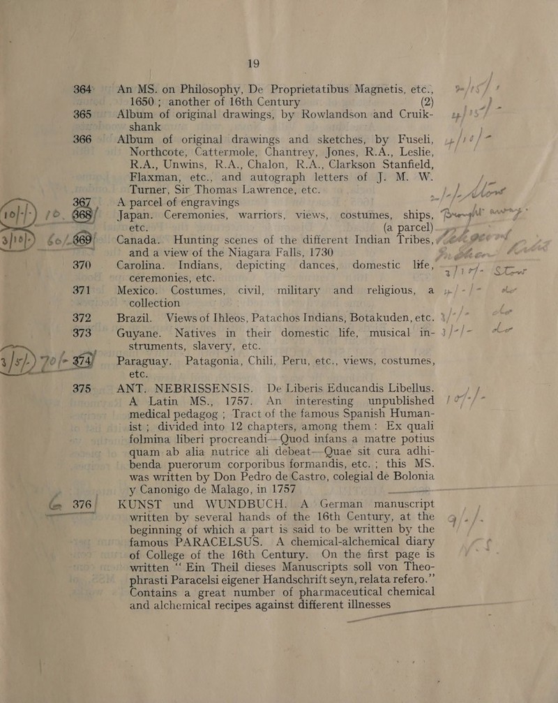  1650; another of 16th Century | (2) Album of original drawings, by Rowlandson, and Cruik- shank Northcote, Cattermole, Chantrey, Jones, R.A., Leslie, R.A., Unwins, R.A., Chalon, R.A., Clarkson Stanfield, Flaxman, etc., and autograph letters of J. M. W. Turner, Sir Thomas Lawrence, etc. A parcel of engravings es Japan. Ceremonies, warriors, views, costumes, ships, “%e~9 ete. (a parcel) peg Canada. Hunting scenes of the different Indian Tribes, #0 and a view of the Niagara Falls, 1730 ihe Ge Carolina. Indians, depicting dances, domestic life, -,, \/. - ceremonies, etc. Or Lae eee Mexico. Costumes, civil, military and_ religious, a ol. collection ; Brazil. Views of Ihleos, Patachos Indians, Botakuden, etc. Py Guyane. Natives in their domestic life, musical in- /-/- aw struments, slavery, etc. Paraguay. Patagonia, Chili, Peru, etc., views, costumes, etc. ANT. NEBRISSENSIS. De Liberis Educandis Libellus. A Latin MS., 1757. An interesting unpublished medical pedagog ; Tract of the famous Spanish Human- ist ; divided into 12 chapters, among them: Ex quali folmina liberi procreandi-—Quod infans a matre potius quam ab alia nutrice ali debeat—-Quae sit cura adhi- benda puerorum corporibus formandis, etc.; this MS. was written by Don Pedro de Castro, colegial ae Bolonia y Canonigo de Malago, in 1757 KUNST und WUNDBUCH: A German Mentecript written by several hands of the 16th Century, at the beginning of which a part is said to be written by the famous PARACELSUS. A chemical-alchemical diary of College of the 16th Century. On the first page is written ‘““ Ein Theil dieses Manuscripts soll von Theo- phrasti Paracelsi eigener Handschrift seyn, relata refero.”’ Contains a great number of pharmaceutical chemical and alchemical recipes against different illnesses