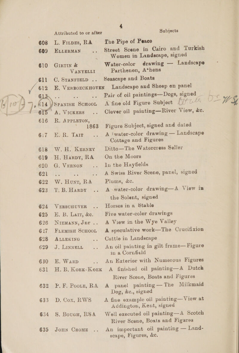 >* # POe fed ys “Te L 608 609 610 612 613. 614 6i5 616 617 618 619 620 621 622 $23 624 625 626 Attributed to or after L. Fitpres, RA ELLERMAN GIRTIN &amp; VANYELLI C. STANFIELD .. 4 Subjects The Pipe of Peace Street Scene in Cairo and Turkish Women in Landscape, signed Water-color drawing — Landscape Parthenen, Athens Seascape and Boats ee ScHoOL A. VICKERS R. APPLETON, “1863 EaR. Tarr W.H. KeEerney H. Harpy, RA G. VERNON W. Hont, RA T. B. Harpy VERSCHUVER . E. B. Lait, &amp;e. NIEMANN, Jnr . FLEMISH SCHOOL ALLEKING J. LINNELL E. Warp H. B. Korx-Korx P. F, Pootz, RA D. Cox, RWS S. Boues, RSA JOHN CrRoME Pair of oil paintings— Dogs, signed A fine old Figure Subject /)/ Clever oil painting—River View, &amp;c. Figure Subject, signed and dated A ‘water-color drawing — Landscape Cottage and Figures Ditto—The Watercress Seller On the Moors In the Haytields A Swiss River Scene, panel, signed Plums, &amp;e. A water-color drawing—A View in the Solent, signed Horses in a Stable Five water-color drawings A View in the Wye Valley A speculative work—The Crucifixion Cattle in Landscape Aun oil painting in gilt frame— Figure in a Cornfield An Exterior with Numerous Figures A finished oil painting—A Dutch River Scene, Boats and Figures A panel painting— The Milkmaid Dog, &amp;c., signed A fine example oil painting— View at Addington, Kent, signed Well executed oil painting—A Scotch River Scene, Boats and Figures An important oil painting — Land- scape, Figures, &amp;c,