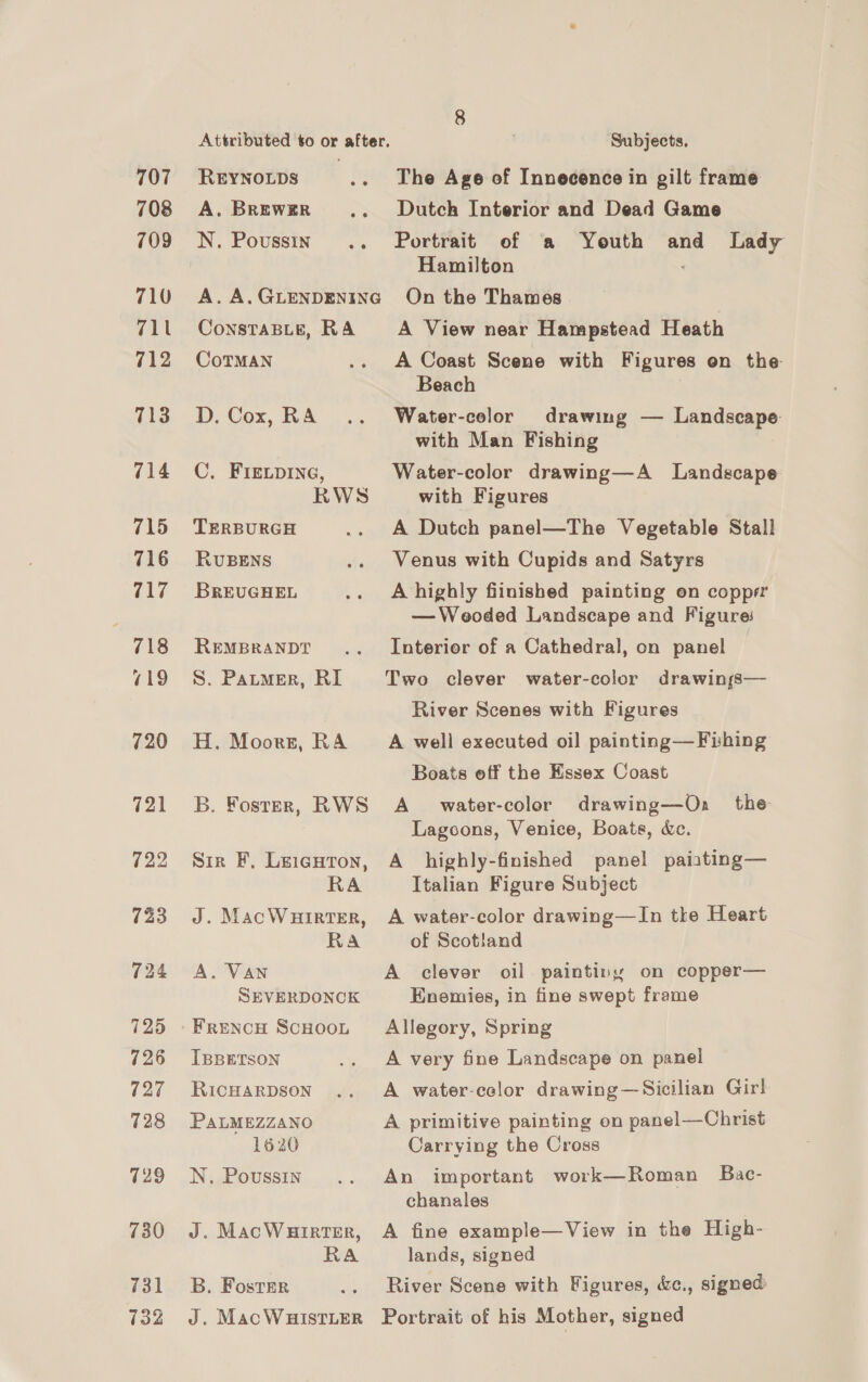 707 708 709 710 711 712 713 714 715 716 717 718 719 720 721 723 724 725 726 727 728 729 730 731 732 REYNOLDS A. BREWER N. Poussin CoTMAN D. Cox, RA C, FIEeLpIne, TERBURGH RUBENS BREUGHEL REMBRANDT A. VAN RA RA IBBETSON RICHARDSON PALMEZZANO 1620 N. Poussin B. Foster RA Subjects, The Age of Innecence in gilt frame Dutch Interior and Dead Game Portrait of a Youth and Lady Hamilton ‘ On the Thames A View near Hampstead Heath A Coast Scene with Figures en the Beach Water-color drawing — Landscape with Man Fishing Water-color drawing—A Landecape with Figures A Dutch panel—The Vegetable Stall Venus with Cupids and Satyrs A highly fiinished painting on copprr —Weoded Landscape and Figure: Interior of a Cathedral, on panel Two clever water-color drawinjs— River Scenes with Figures A well executed oil painting—Fihing Boats off the Essex Coast A water-color drawing—Ons the Lagoons, Venice, Boats, ke. A highly-finished panel paiating— Italian Figure Subject A water-color drawing—In tke Heart of Scotland A clever oil painting on copper— Enemies, in fine swept frame Allegory, Spring A very fine Landscape on panei A water-celor drawing—Sicilian Girl A primitive painting on panel—Christ Carrying the Cross An important work—Roman Bac- chanales A fine example—View in the High- lands, signed River Scene with Figures, é&amp;c., signed: