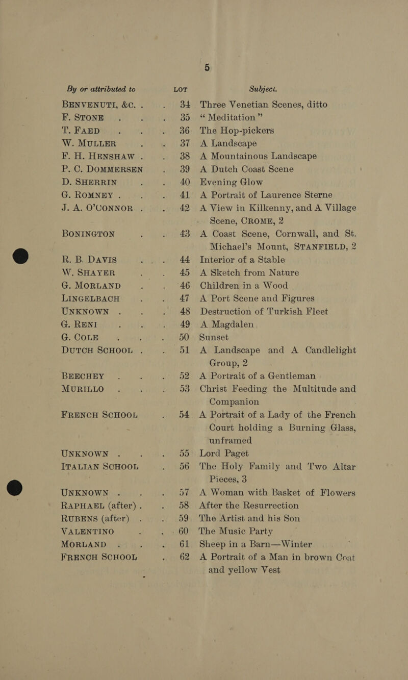 BENVENUTI, &amp;¢. . F. STONE T. FAED W. MULLER F. H. HENSHAW . P. C. DOMMERSEN D. SHERRIN G. ROMNEY . J. A. O’CONNOR . BONINGTON R. B. DAVIS W. SHAYER G. MORLAND LINGELBACH UNKNOWN G. RENI G. COLE DUTCH SCHOOL BEECHEY MURILLO FRENCH SCHOOL UNKNOWN ITALIAN SCHOOL UNKNOWN RAPHAEL (after) . RUBENS (after) VALENTINO MORLAND FRENCH SCHOOL 62 Three Venetian Scenes, ditto “ Meditation ” The Hop-pickers A Landscape A Mountainous Landscape A Dutch Coast Scene Evening Glow A Portrait of Laurence Sterne A View in Kilkenny, and A Village Scene, CROME, 2 A Coast Scene, Cornwall, and St. Michael’s Mount, STANFIELD, 2 Interior of a Stable A Sketch from Nature Children in a Wood A Port Scene and Figures Destruction of Turkish Fleet A Magdalen Sunset A Landscape and A Candlelight Group, 2 A Portrait of a Gentleman Christ Feeding the Multitude and Companion Court holding a Burning Glass, unframed Lord Paget The Holy Family and Two Altar Pieces, 3 A Woman with Basket of Flowers After the Resurrection The Artist and his Son The Music Party Sheep in a Barn—Winter A Portrait of a Man in brown Coat and yellow Vest