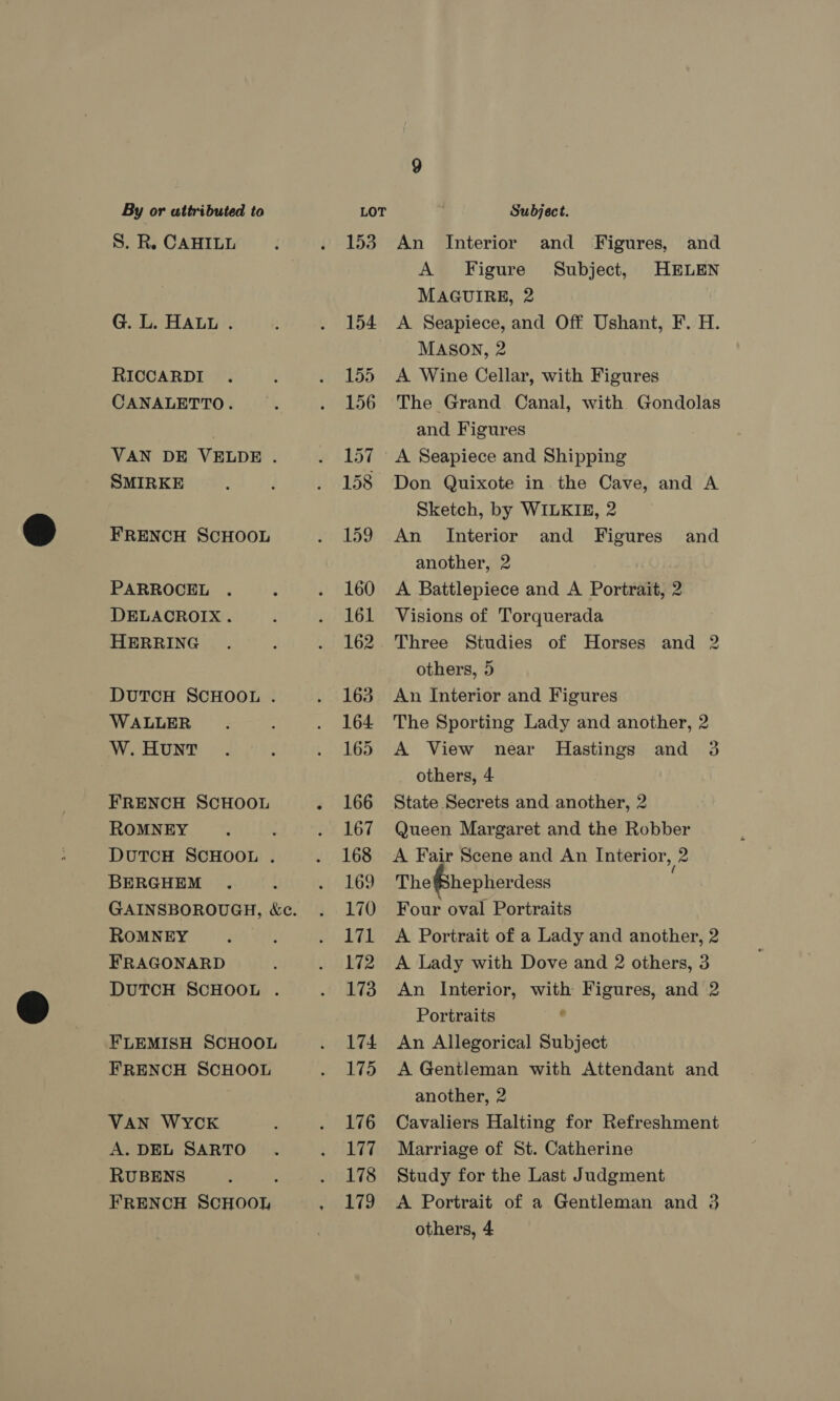 S. R. CAHILL G. L. HALL . RICCARDI CANALETTO. VAN DE VELDE . SMIRKE FRENCH SCHOOL PARROCEL DELACROIX. HERRING DUTCH SCHOOL . WALLER W. HuNT FRENCH SCHOOL ROMNEY DuTCH SCHOOL . BERGHEM ROMNEY FRAGONARD DUTCH SCHOOL . FLEMISH SCHOOL FRENCH SCHOOL VAN WYCK A. DEL SARTO RUBENS FRENCH SCHOOL 153 An Interior and Figures, and A Figure Subject, HELEN MAGUIRE, 2 A Seapiece, and Off Ushant, F. H. MASON, 2 A Wine Cellar, with Figures The Grand Canal, with Gondolas and Figures Don Quixote in the Cave, and A Sketch, by WILKIE, 2 An Interior and Figures another, 2 A Battlepiece and A Portrait, 2 Visions of Torquerada Three Studies of Horses and 2 others, 5 An Interior and Figures The Sporting Lady and another, 2 A View near Hastings and 3 others, 4 and Queen Margaret and the Robber A Fair Scene and An Interior, 2 The Shepherdess Four oval Portraits A Portrait of a Lady and another, 2 A Lady with Dove and 2 others, 3 An Interior, with Figures, and 2 Portraits ° An Allegorical Subject A Gentleman with Attendant and another, 2 Cavaliers Halting for Refreshment Marriage of St. Catherine Study for the Last Judgment A Portrait of a Gentleman and 3 others, 4