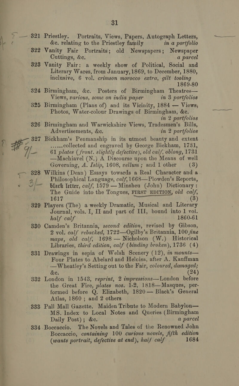 5921 Priestley. Portraits, Views, Papers, Autograph Letters, \\- c &amp;c. relating to the Priestley family in a portfolio 322 Vanity Fair Portraits; old Newspapers; Newspaper Cuttings, &amp;c. a parcel 323 Vanity Fair: a weekly show of Political, Social and Literary Wares, from January, 1869, to December, 1880, inclusive, 6 vol. crimson morocco eatra, gilt tooling ie 1869-80 324 Birmingham, &amp;c. Posters of Birmingham Theatres— Views, various, some on india paper in 3 portfolios | 325 Birmingham (Plans of) and its Vicinity, 1884 — Views; Photos, Water-colour Drawings of Birmingham, &amp;e. in 2 portfolios 326 Birmingham and Warwickshire Views, Tradesmen’s Bills, Advertisements, &amp;c. in 2 portfolios .....-collected and engraved by George Bickham, 1731, 61 plates (front. slightly defective), old calf, oblong, 1731 —Machiavel (N.} A Discourse upon the Means of well Governing, A. Islip, 1608, vellum ; and 1 other (3) = 328 Wilkins (Dean) Essays towards a Real Character and a 2 Philosophical Language, calf, 1668— Plowden’s Reports, v i black letter, calf, 1579 —Minshea (John) Dictionary : The Guide into the Tongues, FIRST EDITION, old calf, 1617 (3) 329 Players (The) a weekly Dramatic, Musical and Literary Journal, vols. I, II and part of III, bound into 1 vol. half calf 1860-61 330 Camden’s Britannia, second edition, revised by Gibson, 2 vol. calf rebacked, 1722—Ogilby’s Britannia, 100 fine maps, old calf, 1698 — Nicholson (W.) Historical Libraries, third edition, calf (binding broken), 1736 (4) 331 Drawings in sepia of Welsh Scenery (12), in mounts— Four Plates to Abelard and Helcisa, after A. Kauffman —Wheatley’s Setting out to the Fair, coloured, damaged; &amp;e. (24) 332 London in 1548, reprint, 2 impressions—London before the Great Fire, plates nos. 1-2, 1818—Masques, per- formed before Q. Elizabeth, 1820 — Black’s General Atlas, 1860 ; and 2 others 333 Pall Mall Gazette. Maiden Tribute to Modern Babylon— MS. Index to Local Notes and Queries (Birmingham Daily Post); &amp;c. a parcel 334 Boccaccio. The Novels and Tales of the Renowned John Boccaccio, containing 100 curious novels, fifth edition (wants portrait, defective at end), half calf 1684