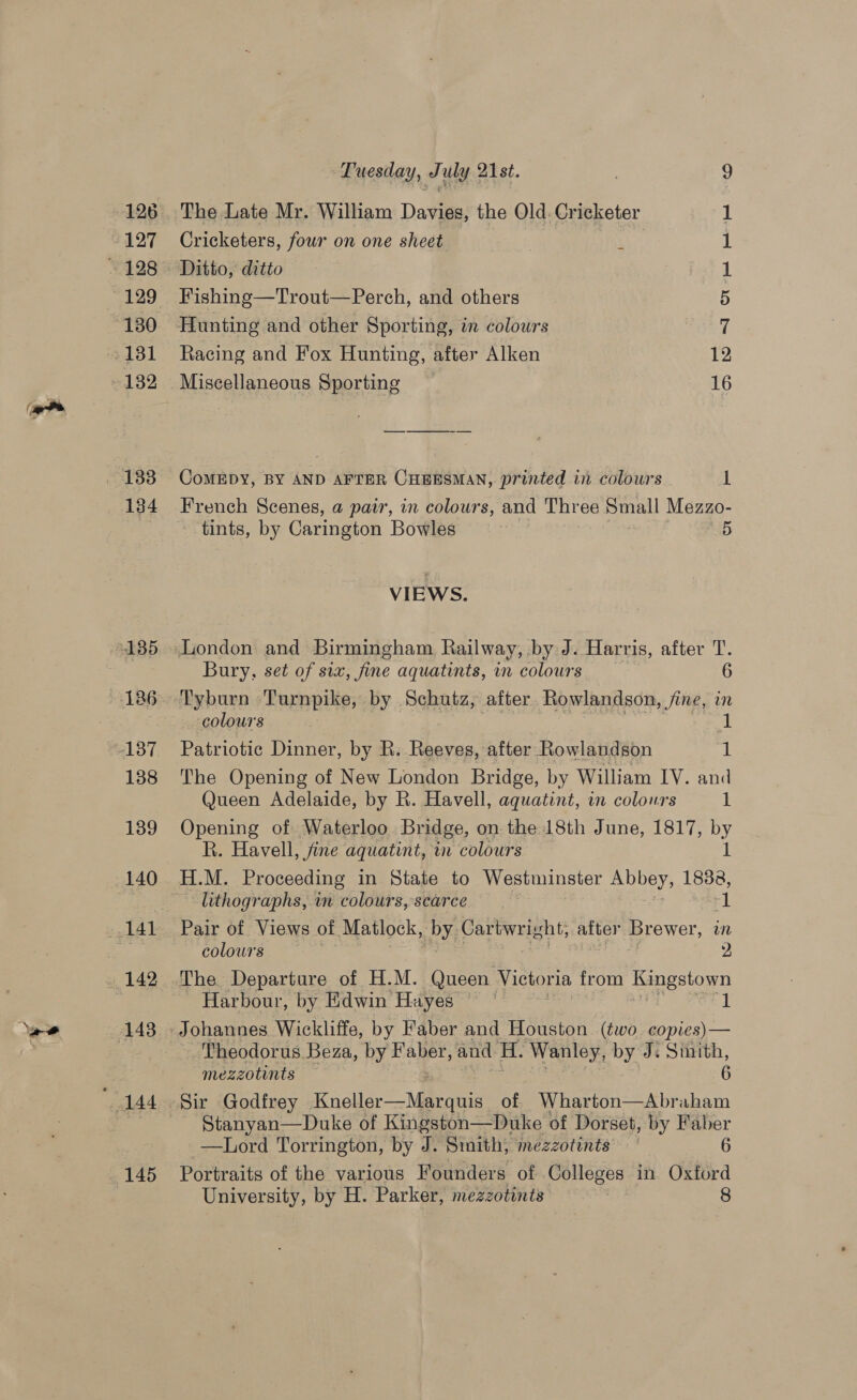 126 127 129 132 134 145 Tuesday, July 21st. 9 The Late Mr. William Davies, the Old. Cricketer 1 Cricketers, four on one sheet ut 1 Ditto, ditto 1 Fishing—Trout—Perch, and others 5 Hunting and other Sporting, in colours 7 Racing and Fox Hunting, after Alken 12 Miscellaneous Sporting 16 CoMEDY, BY AND AFTER CHEESMAN, printed in colours i French Scenes, a pair, in colours, and Three Small eae tints, by Carington Bowles 4 5 VIEWS. Bury, set of six, fine aquatints, in colours 6 colours . Patriotic Dinner, by R. Reeves, after Rowlandson 1 The Opening of New London Bridge, by William IV. and Queen Adelaide, by R. Havell, aquatint, in colomrs 1 Opening of Waterloo Bridge, on the 18th June, 1817, by R. Havell, fine aquatint, in colours 1 H.M. Proceeding in State to Westminster Abbey, 1838, lithographs, in colours, scarce it colowrs 2 Harbour, by Edwin Hayes - Theodorus Beza, by waneE and H. Wanley, by J. Smith, mezzotints 6 Sir Godfrey Kndller Maen of Wharton—Abraham Stanyan—Duke of Kingston—Duke of Dorset, by Faber _—Lord Torrington, by J. Sinith, mezzotints 6 Portraits of the various Founders of Colleges in Oxford