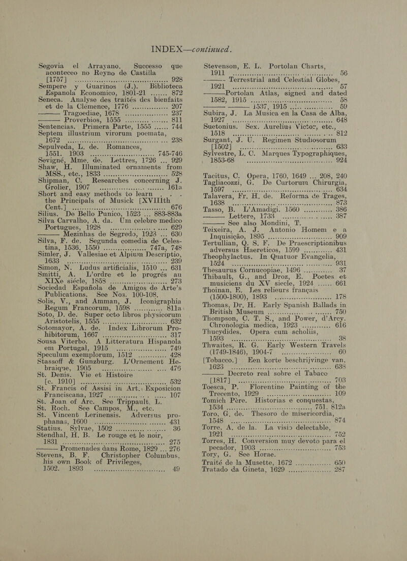 Segovia el Arrayano., Successo que aconteceo no Reyno de Castilla   DETO TAH. cs foe vactias tae comeE nec Fenris. 928 Sempere y Guarinos (J.). Biblioteca Espanola Economico, 1801-21 ....... 872 Seneca. Analyse des traités des bienfaits et de la Clémence, | Gf ah Ped elas AG a 207 Tragoediae, TOTS ire .cs laste... +5e 237 PPOVETINGS Opn caer orsck ce ncas 811 Sentencias. Primera Parte, 1555 ...... 744 Septem illustrium virorum poemata, PY PASE OMS ope a Tl ea a ia 238 Sepulveda, L. de. Romances, DEY Ue MPa ERED toyed ccs ceeé ss cles ns 745-746 Sevigné, Mme. de. Lettres, 1726 ... 929 Shaw, H. Illuminated ornaments from MSS., UROL OMe at hs slices cssceen owen 528 Shipman, C. Researches concerning J. Grolier, Liye OB eca liane RRB 24 16la Short and easy methods to learn : the Ga to of Musick [XVILith SMES a svc votes oles ical ce soee wastes 676 Silius. iene Bello Punico, 1523 ... 883-883a Silva Carvalho, A. da. Um celebre medico Portugues, 1928 MTP lls POOR, pk 629 Mezinhas de Segredo, 1923 ... 630 Silva, F. de. Segunda comedia de Celes- wie L500) LOGO Ue es ee 747a, 748 Simler, J. Vallesiae et Alpium Descriptio, HOS ihesur-s 7 5801s4vers Guam aD 239 Simon, N. Ludus artificialis, 1510 ... 631 Smitti, A. Lordre et le progrés au XIXe Ph Cet (: Ble fe a in hes RRR ga eg 273 Sociedad Espafiola de Amigos de Arte’s  Publications. See Nos. 100-108. Solis, V., and Amman, J. I[conigraphia Reoum Francorum, 1O0R EA 8lla Soto, D. de. Super octo libros pltysicorum PAL ISCOLOMG LOONIE cc. cchtteos c3oo~dgleoies 632 Sotomayor, A. de. Index Librorum Pro- hibitorum, ion ye Lad Pa bearers ee Bake 317 Sousa Viterbo. A Litteratura Hispanola em Portugal e1915i03....0....44:. Steshs 749 Speculum exemplorum, FT Pere fo 428 Stassoff &amp; Gunzburg. L’Ornement He- DESI iba LEN ores teyi es chk. RE Ser A7§ St. Denis. Vie et Histoire PG LOLO N seperate, see cUe thee slaw 532 St. Francis of Assisi in Art.. Exposicion PTANCISCAN ROMs iis ccc lek Séeee 107 St. Joan of Arc. See Trippault, L. St. Roch. See Campos, M., etc. St. Vincent Lerinensis. Adversus_ pro- Phanasy 1600 1 Gaderer eas destns 431 Statins. Sylvae, -LbOR wee os hls 36 Stendhal, H. B. Le rouge et le noir, No ly ame Kec a Va yieein 275 Promenades dans Rome, 1829 ... 276 Stevens, B. Christopher Columbus, his own Book of Privileges, BAI AMEE GS; 0, ck RRS ide AMS RR TORUS ve} iss 49  Stevenson, E. L. Portolan Charts, LOLS tees a0, Serteeerrrste ai acdaess 2129081 /Sec 0s 5 -—_—- Terrestrial and Celestial Globes, LDDs ee Mess ap esdatnseseae eens poteaes laces | BT Portolan Atlas, signed and dated    LO62) 1915 (eC a eet. 58 1OG7 TOTO a, gests se ests. 59 Subira, J. La Musica en la Casa de Alba, 1h pol SAPO PTEPPEP EL TIPO Ck) Pe eit aee re 648 Suetonius. Sex. Aurelius Victor, etc., 1:9 dS SPRUE TEP PET EL TELAT TELL Lou ck Pre chek 812 Surgant, J. U. Regimen Studiosorum PEDO A REC ee es 633 Sylvestre, L. C. Marques Typographiques, 1853-68 924 ee Tacitus, C. Opera, 1760, 1649 ... 208, 240 Tagliacozzi, G. De Curtorum Chirurgia, POOF alae Bea ay ee dt avid sp heatae ne Reece 634 Talavera, Fr. H, de. Reforma de Trages, OOS GN e ws ar sa phcehoaecss dows seh Aue ueaanEeR 873 Tessa; (Bi: vis amadion. (1660 22 ocean 386 Lettere, 1733 .......... soa Uae 387  See also Mondini, T. Teixeira, A. J. Antonio Homem e a  Perey Sse SUR OY aR Rl fol ge 909 Tertullian, Q. S. F. De Praescriptionibus adversus Haereticos, 1599 ............ 431 Ube Jak okies In Quatuor Evangelia, MD ISGPUEN ealueasnttansssesecsces) ¢ > ieee 931 Thesaurus Cornucopiae, 1496 ,........... 37 Thibault, G., and Droz, E. Poetes et musiciens du XV siecle, 1924 ...... 661 Thoinan, —. J.es relieurs francais CLEOO=1S00 Ved BOSE fei oc A 178 Thomas, Dr. H. Early Spanish Ballads in British Museum .......cccc000 oss seseeee 750 Thompson, C. T. S., and Power, d’Arcy. Chronologia medica, 1923 ............ 616 Thucydides. Opera cum scholiis, LO eera rene rates ssieee 2 edgy Ld A sees 38 Thwaites, R. G. Early Western Travels (1749- 1846), 1904-7 60 (Tobacco. | Een korte beschrijvinge van, 1623 Peewee eerste ete e wer eeeereeereee Seve ee ee  [1817] PMR pe Car rar Thee ccses tee renee 703 Toesca, P. Florentine Painting of the PEPE TII NE LEE Oo: oc tec hc addy ae neemasen oa 109 Tomich Pére. Historias e conquestas, Wiss | OS NEST We phtaeaehacte atte ry heh 751, 812a Toro, G. de. Thesoro de misericordia, {Bore Le Ae MAS raph Be Ce ral 874 Torre, A. de la. la visio delectable, IERESER hithreeeae ste cacee Saabs PaeetNeRmet ee hack ve 752 Torres, H. Conversion muy devoto para el pecador, BUS aS Slee ap Pak ha Uy slr Ream 753 Tory, G. See Horae. Traité de la: Musette, 1672 ..........:.... 650 Tratado da Gineta, 1 SORA TT aly 287