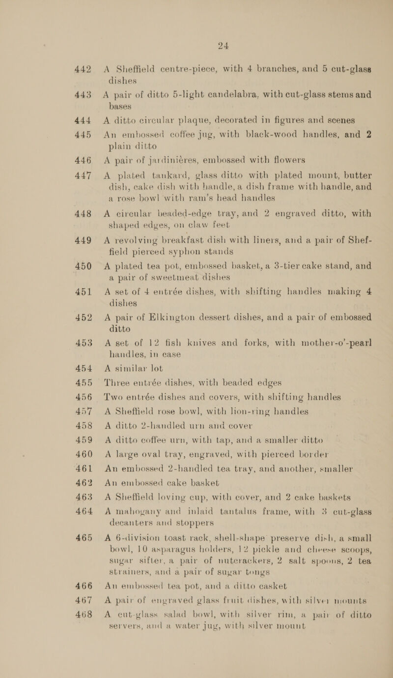 442 443 444 445 446 447 448 449 450 451 452 453 454 455 457 458 459 460 461 462 463 464 465 466 467 468 24 A Sheffield centre-piece, with 4 branches, and 5 cut-glass dishes A pair of ditto 5-light candelabra, with cut-glass stems and bases A ditto circular plaque, decorated in figures and scenes An embossed coffee jug, with black-wood handles, and 2 plain ditto A pair of jardiniéres, embossed with flowers A plated tankard, glass ditto with plated mount, butter dish, cake dish with handle, a dish frame with handle, and a rose bowl with ram’s head handles A circular beaded-edge tray, and 2 engraved ditto, with shaped edges, on claw feet A revolving breakfast dish with liners, and a pair of Shef- field pierced syphon stands A plated tea pot, embossed basket, a 3-tier cake stand, and a pair of sweetmeat dishes A set of 4 entrée dishes, with shifting handles making 4 dishes A pair of Elkington dessert dishes, and a pair of embossed ditto A set of 12 fish knives and forks, with mother-o’-pearl handles, in ease A similar lot Three entrée dishes, with beaded edges Two entrée dishes and covers, with shifting handles A Sheffield rose bowl, with lion-ring handles A ditto 2-handled urn and cover A ditto coffee urn, with tap, and a smaller ditto A large oval tray, engraved, with pierced border An embossed 2-handled tea tray, and another, smaller An embossed cake basket A Sheffield loving cup, with cover, and 2 cake baskets A mahogany and inlaid tantalus frame, with 3 cut-glass decanters and stoppers A 6-division toast rack, shell-shape preserve dish, a small bowl, 10 asparagus holders, 12 pickle and cheese scoops, sugar sifter.a pair of nutcrackers, 2 salt spoons, 2 tea strainers, and a pair of sugar tongs An embossed tea pot, and a ditto casket A pair of engraved glass fruit dishes, with silver mounts A cut-ylass salad bowl, with silver rim, a pair of ditto servers, and a water Jug, with silver mount