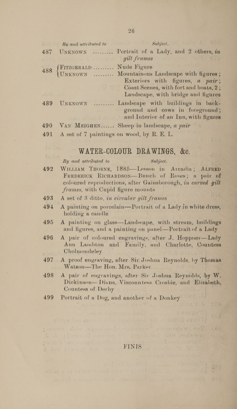 488 489 490 491 492 493 494 495 496 497 498 499 By and attributed to Subject. gut frames | FITZGERALD ......... Nude Figure LIGRNOWN * lc. &lt;eaeer Mountainous Landscape with figures ; Exteriors with figures, @ patr; Coast Scenes, with fort and boats, 2 ; Landscape, with bridge and figures UNENOWN 55 ¢n.ce8 Landscape with buildings in back- ground and cows in foreground ; and Interior of an Inn, with figures VAN MBEIGHEN...... Sheep in landscape, a pair — A set of 7 paintings on wood, by R. E. L. WATER-COLOUR DRAWINGS, &amp;e. By and attributed to Subject. WILLIAM THORNE, 1885—Lesson in Arcadia; ALFRED FREDERICK RIcHARDSON—Bunch of Roses; a pair of coloured reproductions, after Gainsborough, tn carved gilt Jrames, with Cupid figure mounts A set of 3 ditto, in circular gilt frames A painting on porcelain—Portrait of a Lady in white dress, holding a candle  A painting on glass—Landscape, with stream, buildings and figures, and a painting on panel—Portrait of a Lady A pair of coloured engravings, after J. Hoppner—Lady Ann Lambton and Family, and Charlotte, Countess Cholmondeley A proof engraving, after Sir Joshua Reynolds, hy Thomas Watson—The Hon. Mrs, Parker A pair of engravings, after Sir Joshua Reynolds, by W. Dickinson— Diana, Viscountess. Crosbie, and Elizabeth, Countess of Derby Portrait of a Dog, and another of a Donkey FINIS
