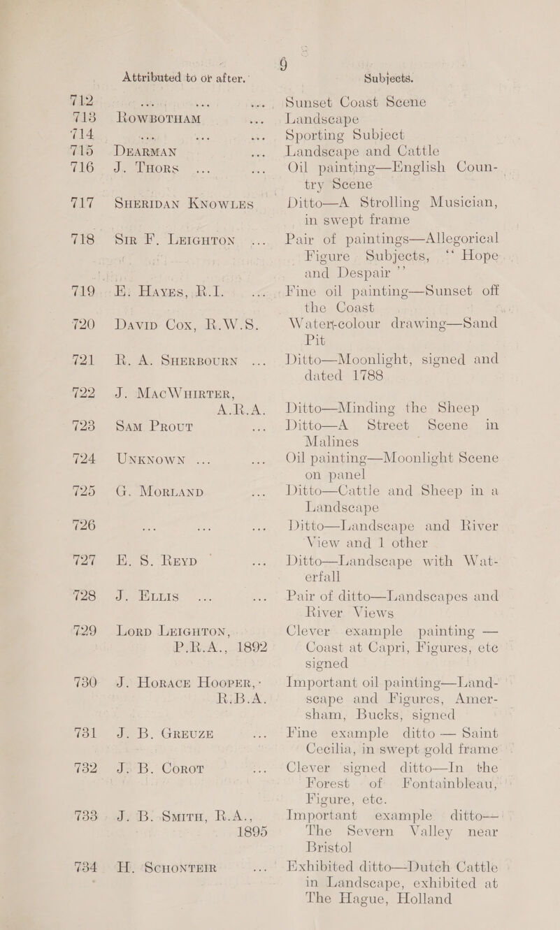 7138 (oe) 718 Td 732 733 734 Attributed to or after.’ RowBoTtHaAM DEARMAN J. THORS SHERIDAN KNOWLES Sir F. Leicutron Davin Cox, obu W.8: R. A. SHERBOURN J. MacWHIRTER, A RA. SAM PRovutT - UNKNOWN ... G. MorLAND EK. S. Reyp Ja LES Lorp L&amp;iGHTon, - PaRoX. , 1892 J. Horace Hooper, : R.B.A. Jee. “GREUZE ? J3'B. Corot J. 1B. .8mMirn, R.A., 1895 H.. ScHONTEIR 9 i Subjects. Sunset Coast Scene Landscape Sporting Subject Landscape and Cattle Oil painting—HEnghsh Coun- | try Scene in swept frame Pair of paintings—AUegorical Figure , Subjects, °° Hope. and Despair ”’ Fine oil painting—Sunset off the Coast Watertcolour drawing Pit Ditto—Moonlight, signed and dated 1788  Sanh. Ditto—Minding the Sheep Ditto—A. Siréem (Seene. in  Malines Oil painting—Moonlight Scene on panel Ditto—Cattle and Sheep in a Landscape Ditto—Landseape and River View and 1 other Ditto—Landscape with Wat- erfall Pair of ditto—Landseapes and River. Views  Clever example painting — Coast at Capri, Figures, ete signed Important oil painting—Land- scape and Figures, Amer- sham, Bucks, signed Fine example ditto — Saint Cecilia, in swept gold frame  Clever signed ditto—In the Forest - of Fontainbleau, Figure, etc. Important example ditto— The Severn Valley near Bristol Exhibited ditto—Dutch Cattle in Landseape, exhibited at The Hague, Holland