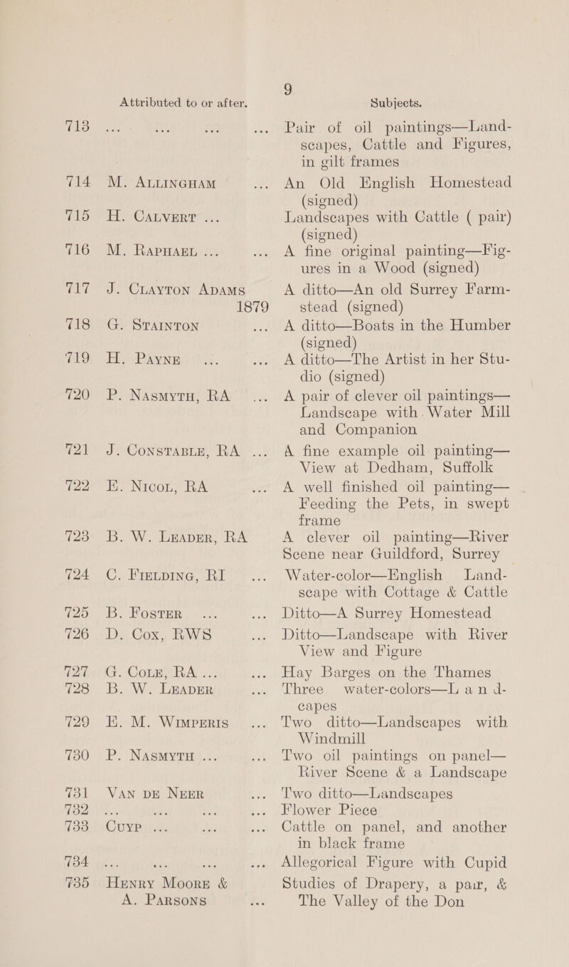 713 714 715 716 WL 718 T19 720 72] 722 730 751 732 733 734 739 Attributed to or after. M. ALLINGHAM A. Canverr-... M. RaPpHABT > J. Cuayton ADAMS 1879 . STAINTON . PAYNE Re a) oe . Nasmytu, RA’ Cy . CONSTABLE, RA ... EE. Nicon; RA B. W. deaper, RA OQ - Pier DIng. at . FosTER . Cox, RWS Comma RAy..: . W. LEADER . M. WImpeEeris eS Swe G2 ee . NASMYTH .. VAN DE NEER CUYPi Henry Moors &amp; A. PARSONS a Subjects.  Pair of oil paintings—Land- scapes, Cattle and Figures, in gilt frames An Old English Homestead (signed) Landscapes with Cattle ( pair) (signed) A fine original painting—Flig- ures in a Wood (signed) A ditto—An old Surrey Farm- stead (signed) A ditto—Boats in the Humber (signed) A ditto—The Artist in her Stu- dio (signed) A pair of clever oil paintings— Landscape with. Water Muill and Companion A fine example oil paintng— View at Dedham, Suffolk A well finished oil painting— Feeding the Pets, in swept frame A clever oil painting—River Scene near Guildford, Surrey | Water-color—English Land- scape with Cottage &amp; Cattle Ditto—A Surrey Homestead Ditto—Landscape with River View and Figure Hay Barges on the Thames Three water-colors—L an d- capes Two ditto—Landsecapes with Windmill Two oil paintings on panel River Scene &amp; a Landscape Two ditto—Landscapes Flower Piece Cattle on panel, and another in black frame Allegorical Figure with Cupid   Studies of Drapery, a par, &amp; The Valley of the Don