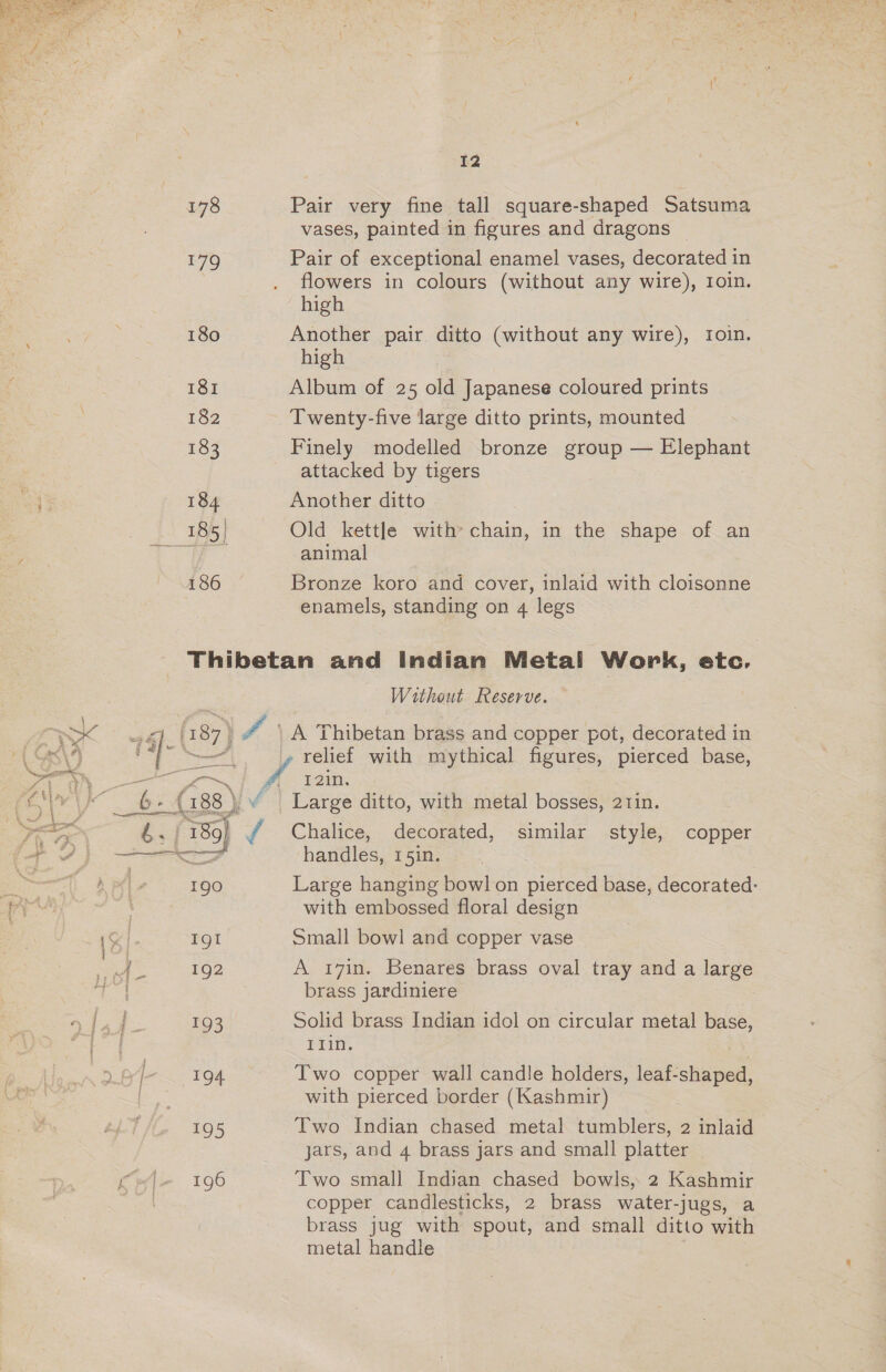 178 Pair very fine tall square-shaped Satsuma vases, painted in figures and dragons © 179 Pair of exceptional enamel vases, decorated in flowers in colours (without any wire), 1oin. high 180 Another pair ditto (without any wire), roin. high 181 Album of 25 old Japanese coloured prints 182 Twenty-five large ditto prints, mounted 183 Finely modelled bronze group — Elephant attacked by tigers 184 Another ditto 185) Old kettle with chain, in the shape of an j RS) a animal 186 Bronze koro and cover, inlaid with Gees enamels, standing on 4 legs Thibetan and Indian Metal Work, etc, Without Reserve. hi] (787) /” \ A Thibetan brass and copper pot, decorated in ’ j-' : = » relief with mythical figures, pierced base, pasa # 12in. ees b- (38) “| Large ditto, with metal bosses, 2tin. - 89) Chalice, decorated, similar style, copper areas handles, 15in. 190 Large hanging bowl on pierced base, decorated: with embossed floral design IgI Small bowl and copper vase ee 192 A 17in. Benares brass oval tray and a large brass jardiniere 193 Solid brass Indian idol on circular metal base, as Prin, | 5p fs 194 Two copper wall candle holders, leaf-shaped, | with pierced border (Kashmir) 195 Two Indian chased metal tumblers, 2 inlaid jars, and 4 brass jars and small platter i 196 Two small Indian chased bowls, 2 Kashmir copper candlesticks, 2 brass water-jugs, a brass jug with spout, and small ditto with metal handle