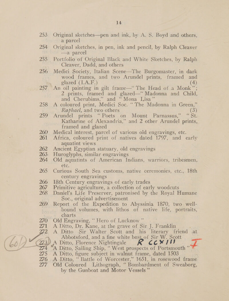 anesene PAS: 260 261 262 263 264 265 266 267 268 2/1 14 Portfolio of Original Black and White Sketches, by Ralph Cleaver, Dadd, and others Medici Spcae Italian Scene—The Burgomaster, in dark wood frames, and two Arundel prints, framed and glazed (LA.F.) (4) An oil painting in gilt frame—“‘ The Head of a Monk”; 2 prints, framed and glazed—‘“ Madonna and Child, and Cherubims,” and “Mona Lisa” A coloured print, Medici Soc. “ ’The Madonna in Green,” Raphael, and two others | (3) Arundel”. prints -.*Poets.on Mount -“Parnassus,” — “ot: Katharine of Alexandria,’ and 2 other Arundel prints, framed and glazed Medical interest, parcel of various old engravings, etc. Africa, coloured print of natives dated 1797;~ and early aquatint views Ancient Egyptian statuary, old engravings Huroglyphs, similar engravings Old aquatints of American Indians, warriors, tribesmen, CEG: Curious South Sea customs, native ceremonies, etc., 18th century engravings 18th Century engravings of early trades Primitive agriculture, a collection of early woodcuts Daniel’s Life Preserver, patronised. by the Royal Humane Soc., original advertisement Report of the Expedition to Abyssinia 18/70, two. well- bound volumes, with lithos of native life, portraits, charts ge) A Ditto, Dr, Kane, at the: grave of Sir_J.. Franklin A Ditto Sir Walter Scott and _ his literary friend at Abbotsford, and a fine white bust.of Sir ay Scott | 275 210. Ae A Ditto, figure. subject in walnut frame, dated 1503 A Ditto, Rattle of Worcester,” 1651, in rosewood frame Old Coloured Lithograph, “ Bombardment of Sweaborg, by the Gunboat and Motor Vessels ”