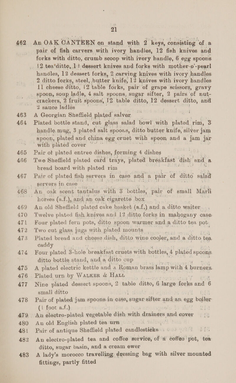 462 th An OAK CANTEEN on. Stand with Q “keys, consisting on 2. pair of fish carvers, with ivory handles, ‘12 fish knives and forks with ditto, crumb scoop with i ivory handle, 6 egg spoons handles, 12 dessert forks, 2 2. panying knives with ivory , handles. _ 2 ditto forks, steel, butter knife, li knives with i ivory handles 11 cheese ditto, i2 table forks, pair of grape scissors, gravy 463 464 465 466 467 469 470 47\ 472 ATs AT4 ATS 476 417 478 480 48 | 482 483 2 sauce ladlés ee aaa: er A Georgian Sheftield plated | salvar. i . Ger. Plated bottle stand, cut glass salad bowl with plated, rim, 3 handle, mug, 3 plated “salt 1 SPOOLS, ditto butter knife, ‘silver j jam spoon, plated and. china egg. cruet with Spoon, and a jam Jar ‘with plated cover ~~ Pair ot plated entree dishes, forming 4 dishes Two Sheffield plated card trays, plated bréakfast ‘dish end, a bread board with plated rim : Pair of plated fish gervers in ease and a pair of dittc caled servers in case An_ oak scent tantalus: with 3 ‘bottles, pair of small Maxi horses (a. Ey and an ‘oak cigarette. box _ ae An old Sheffield plated cake basket (a.f,). and a ditto waiter. Twelve plated fish knives and 12 ditto forks in mahogany case. Four plated fern pots, ditto spoon warmer and, a ditto tea pot. Two cut glass jugs with p lated mounts ik Plated bread and cheese dish, ditto wine cooler, and, a ditto ‘tea daddy ...: Four plated 3- hols ‘breakfast cruets with bottles, 4 plated spoons ditto bottle stand, and a ditto cup A plated electric kettle and a Roman brass lamp with 4 burners Plated urn by WALKER &amp; Ha , Nine plated dessert spoons, 2 bablo. dito, 6 dJaves Haus aa 6 small ditto 5 Pair of plated’ jam ae in oise, ree sifter. and an egg baie: (i foot a.f.) An electro- plated acne dish nails drainers and eover An old English plated tea urn 9° vi yy Pair of antique Sheffield plated éanidlontaehess SVP ST Les An electro-plated tea and coffee service, oie ‘ad’ coffes' pot, tea ditto, sugar busin, and a cream ewer A lady’s morocco travelling dressing bag with silver mounted fittings, partly fitted