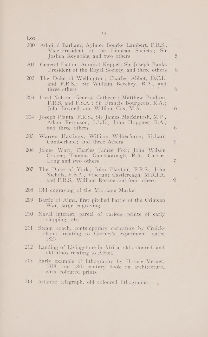 200 201 202 203 204 214 1H Admiral Barham: Ayliier Bourke Lambert, G.R.5.; Wice-President ol. the —Limnean) Societys sir Joshua Reynolds, and two others General Picton; Admiral Keppel; Sir Joseph Banks President of the Royalisociety,and three others The Dukerot Welliaeton; -Charles, Abbot, D.C Ll. and: Taks.s. om. Wiliam. ~Beechey; K.A., and taree others ; Lord. Nelson «=. General Cathcart: Jiatthew, Boulton, Pussy and FE SA.; Sir PE rancis Bourgeois, KoA. ; John Boydell, and William Cox, M.A. Joseph Planta, F.R.S., Sir James Mackintosh, M.P., Adam Fercusom, ‘Liab Vohn’ Mopper ReA,, and three others Warren Hastings; William Wilberforce; Richard ‘Sumberlang, and three: otmers James Watt; Charles “lames: lox, John” Wilson Croker ; Thomas Sp eae Foo. Claes Long and two others The Duke. o;. York:, John Playisirg Fo. Sy, John Nichols, cl SiA.2 Viscount Castlereash, Man wOA: Old engraving of the Marriage Market Battle of Alma, first pitched battle of-the Crimean War, large engraving Naval mterest: parcel of various. prints of early Siti ppime;: etc: Shank, relating, to Acurney s 7éxpermient,’ daited 1829 Landing of Livingstone in Africa, old coloured, and old lithos relating to Africa Early example of lithography by Horace Vernet, 1818, and 18th century book on architecture, with coloured prints Atlantic telegraph, old coloured lithographs 6