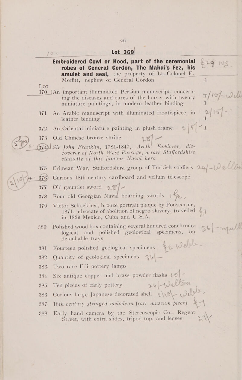 Lot 369 ee robes of Ceneral Cordon, The Mahdi’s Fez, his Moffitt, nephew of General Gordon Lot | ___370_{An important illuminated Persian manuscript, concern- ing the diseases and cures of the horse, with twenty miniature paintings, in modern leather binding 371 An Arabic manuscript with illuminated frontispiece, in leather binding 372 An Oriental miniature painting in plush frame % | ey 373 Old Chinese bronze shrine \ <| - , pam, ee eee (6° ral Sir John Franklin, 1781-1847, Aveti¢ Explorer, dis- rage coverer of North West Passage, a rare Staffordshire statuette of this famous Naval hero 375 Crimean War, Staffordshire group of Turkish soldiers 9\ 9 : by 876) Curious 18th century eae and vellum telescope mess 377 Old gauntlet sword 9 YJ 378 Four old Georgian wpe boarding swords Gn ; 379 Victor Schoelcher, bronze portrait plaque by Ponscarme, 1871, advocate of abolition of negro slavery, travelled in 1829 Mexico, Cuba and U.S.A. 380 Polished wood box containing several hundred conchrono- logical and polished geological specimens, on detachable trays Z i 381 Fourteen polished geological specimens *7? 382 Quantity of geological specimens \,;— 383. Two rare Fiji pottery lamps / 384 Six antique copper and brass powder flasks 16 | 385 Ten pieces of early pottery Yb |- 1p) QAAY 386 Curious large Japanese decorated shell 4) VBS We ai Pf 388 Early hand camera by the Stereoscopic Co., Regent Street, with extra slides, tripod top, and lenses 9) a Ger = <r j— ; \ _W \