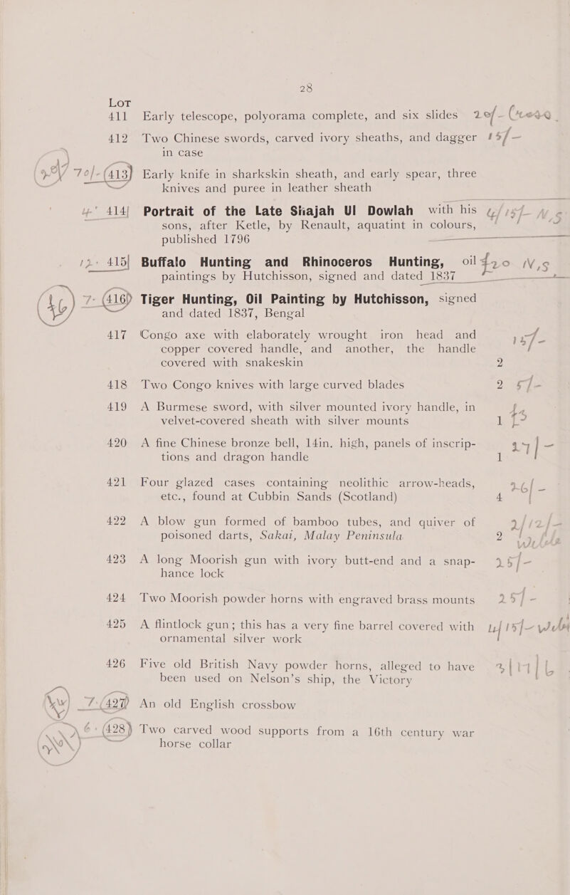 426 ACE) alt 28 in case Early knife in sharkskin sheath, and early spear, three knives and puree in leather sheath sons, after Ketle, by Renault, aquatint in colours, paintings by Hutchisson, signed and dated 1837 _ Tiger Hunting, Oil Painting by Hutchisson, signed and dated 1837, Bengal Congo axe with elaborately wrought iron head and copper covered handle, and another, the handle covered with snakeskin Two Congo knives with large curved blades A Burmese sword, with silver mounted ivory handle, in velvet-covered sheath with silver mounts A fine Chinese bronze bell, 14in. high, panels of inscrip- tions and dragon handle Four glazed cases containing neolithic arrow-heads, etc., found at Cubbin Sands (Scotland) A blow gun formed of bamboo tubes, and quiver of poisoned darts, Sakai, Malay Peninsula A long Moorish gun with ivory butt-end and a snap- hance lock Two Moorish powder horns with engraved brass mounts A flintlock gun; this has a very fine barrel covered with ornamental silver work Five old British Navy powder horns, alleged to have been used on Nelson’s ship, the Victory An old English crossbow horse collar > | Iyf—-We % ' ' ' ' j \-> | ' ' | bs